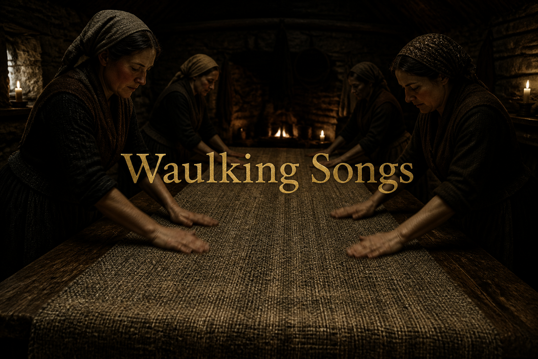 Hebridean women working wet tweed around a candlelit table in a blackhouse, illustrating Scotland's Gaelic waulking songs
