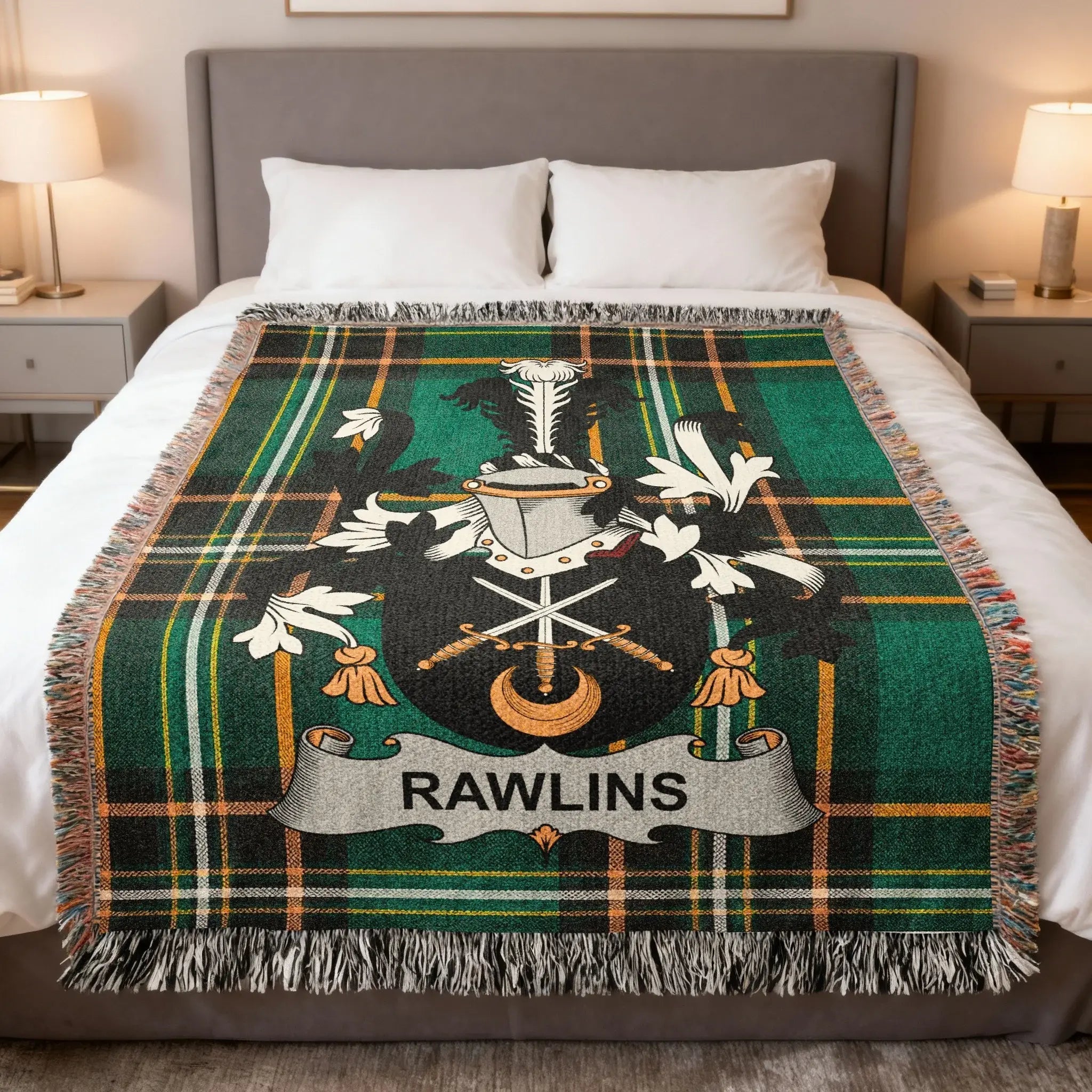 Rawlins Irish family crest woven blanket in the Irish national tartan