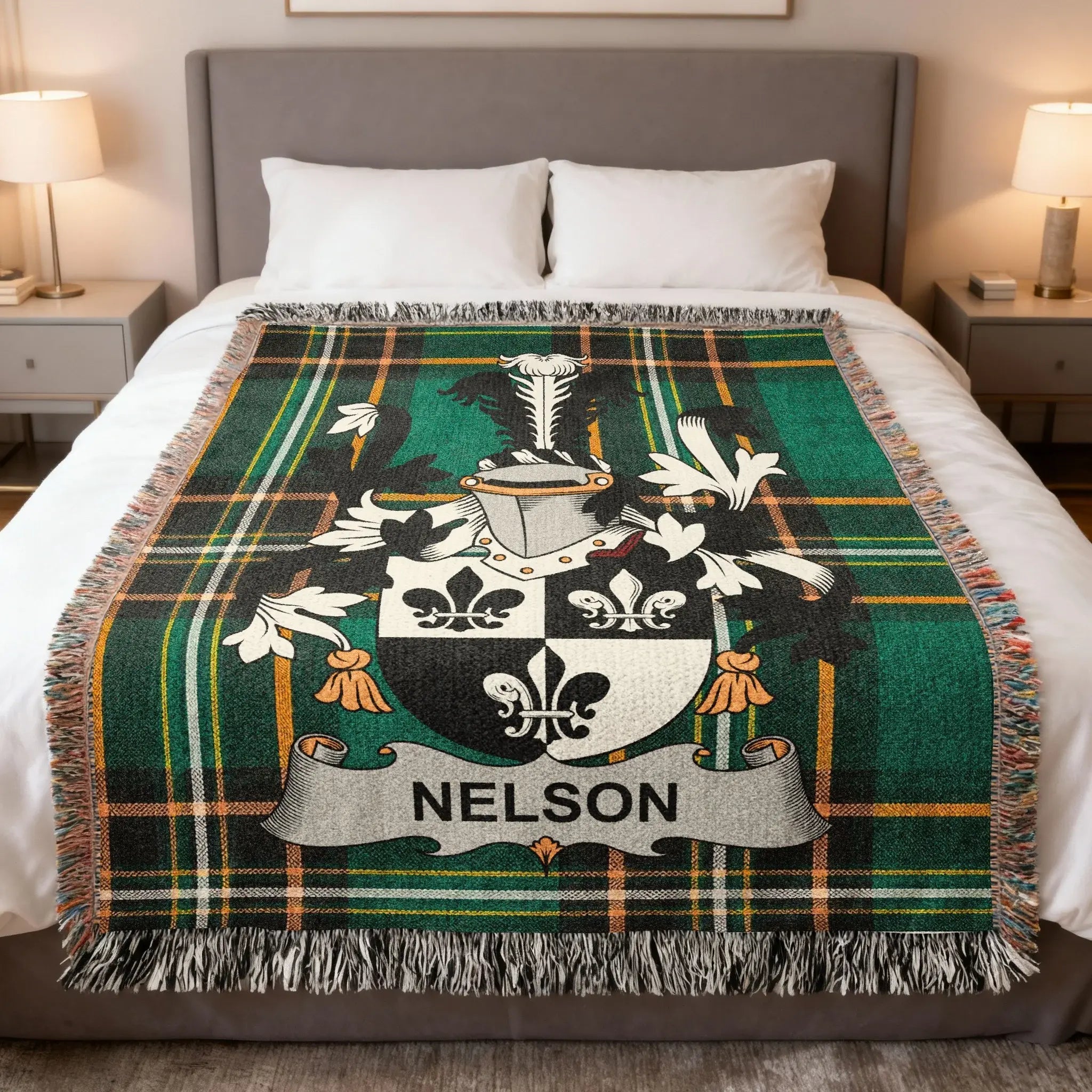 Nelson family woven blanket with a family crest on Irish tartan, celebrating Nelson Ulster heritage