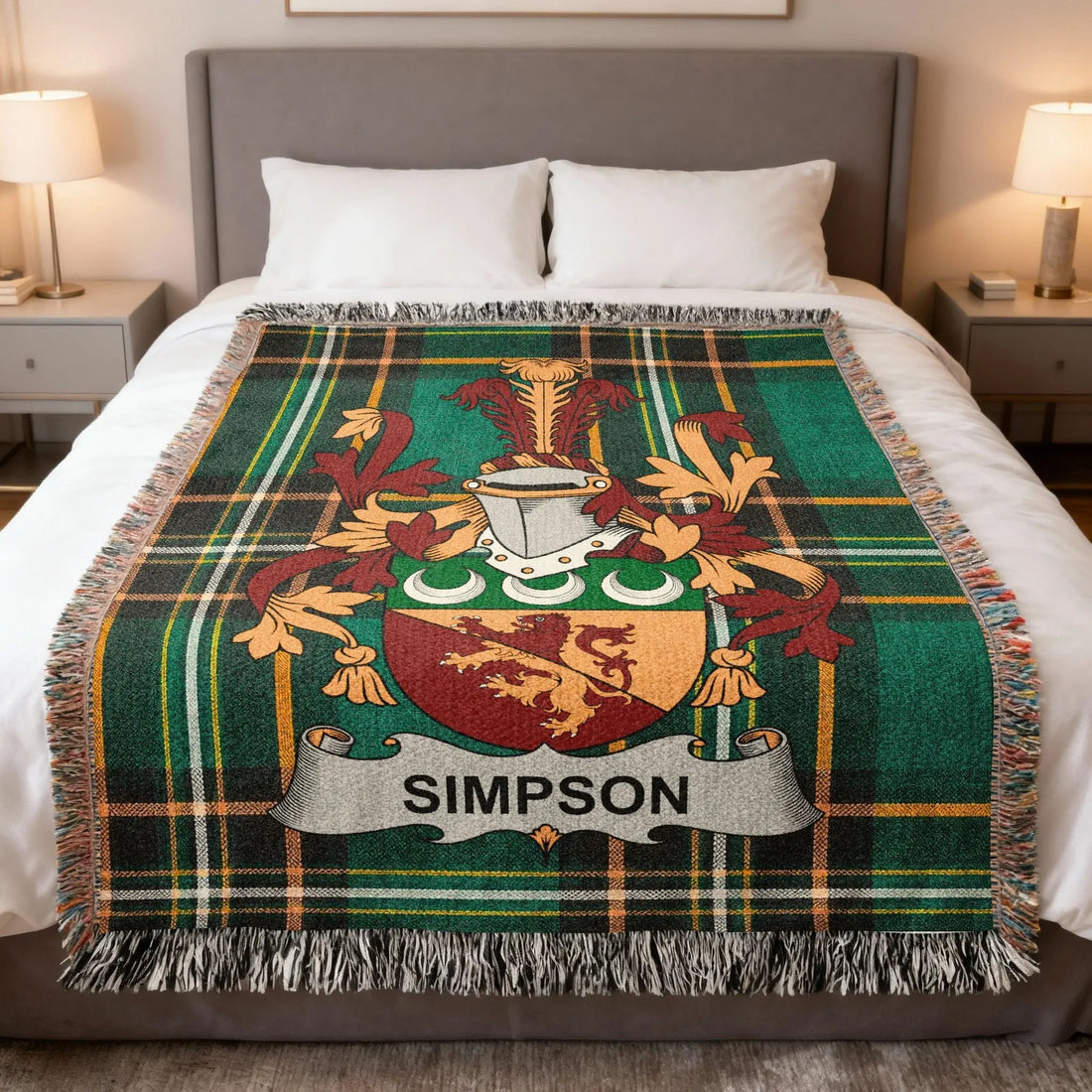 Simpson Irish heritage woven blanket with the Simpson family crest on the Irish national tartan