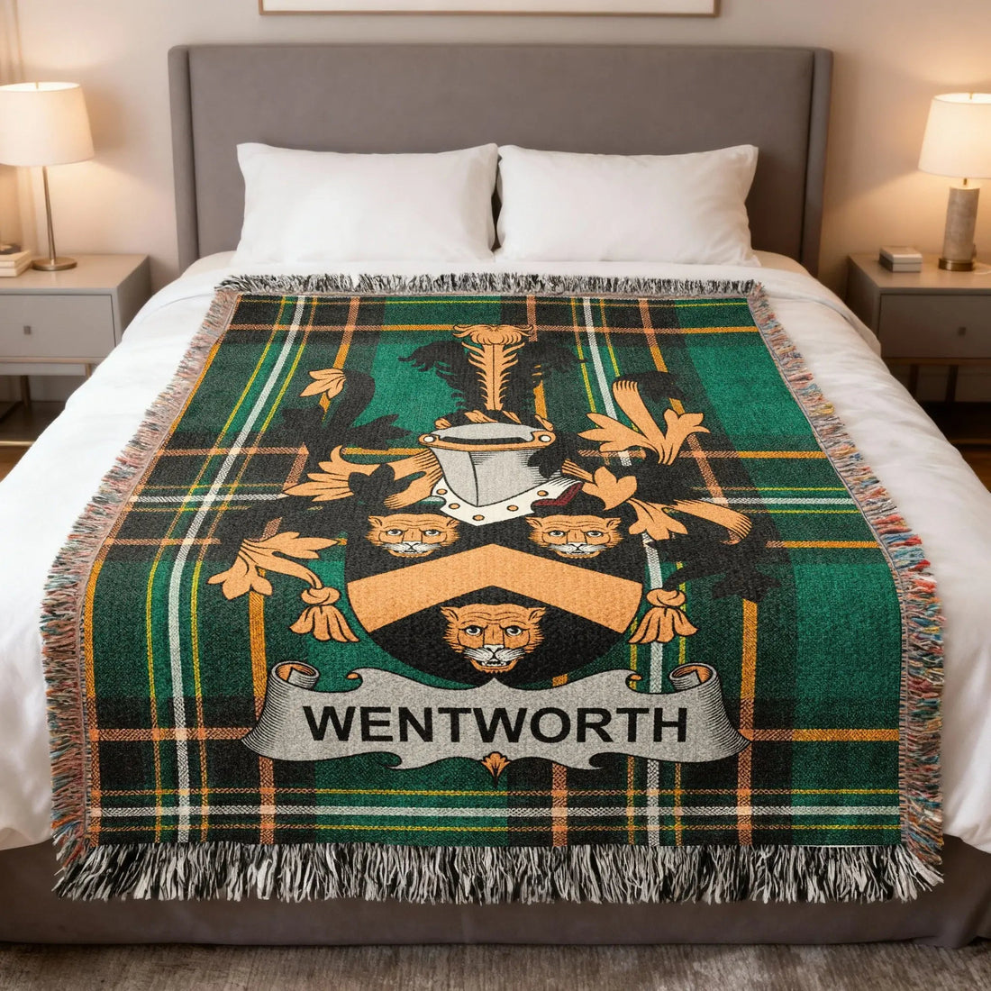 Wentworth Irish family crest woven blanket displayed with Irish national tartan design