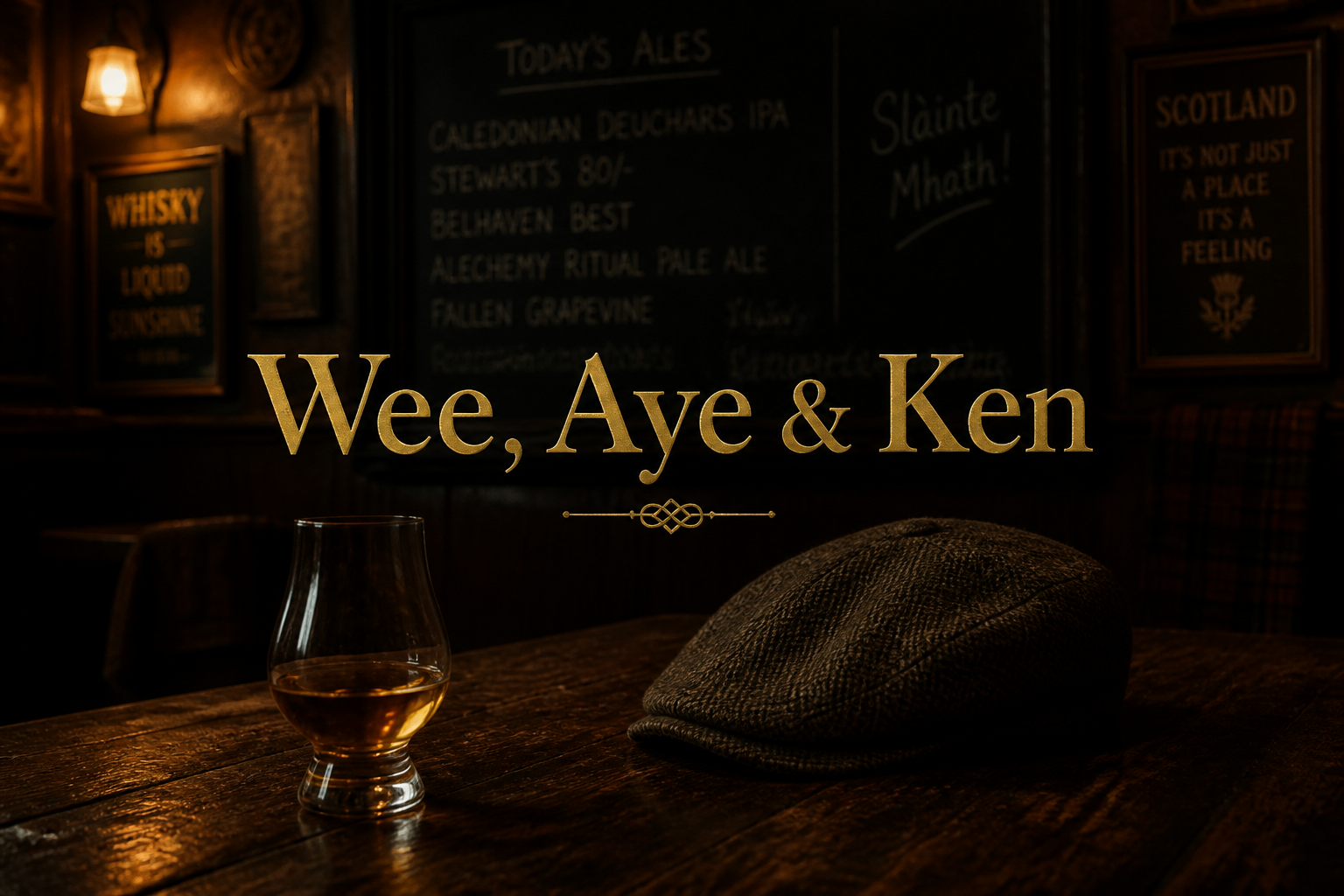 Warm Scottish pub scene with a whisky dram and flat cap on a wooden table, illustrating everyday Scots words like wee and aye