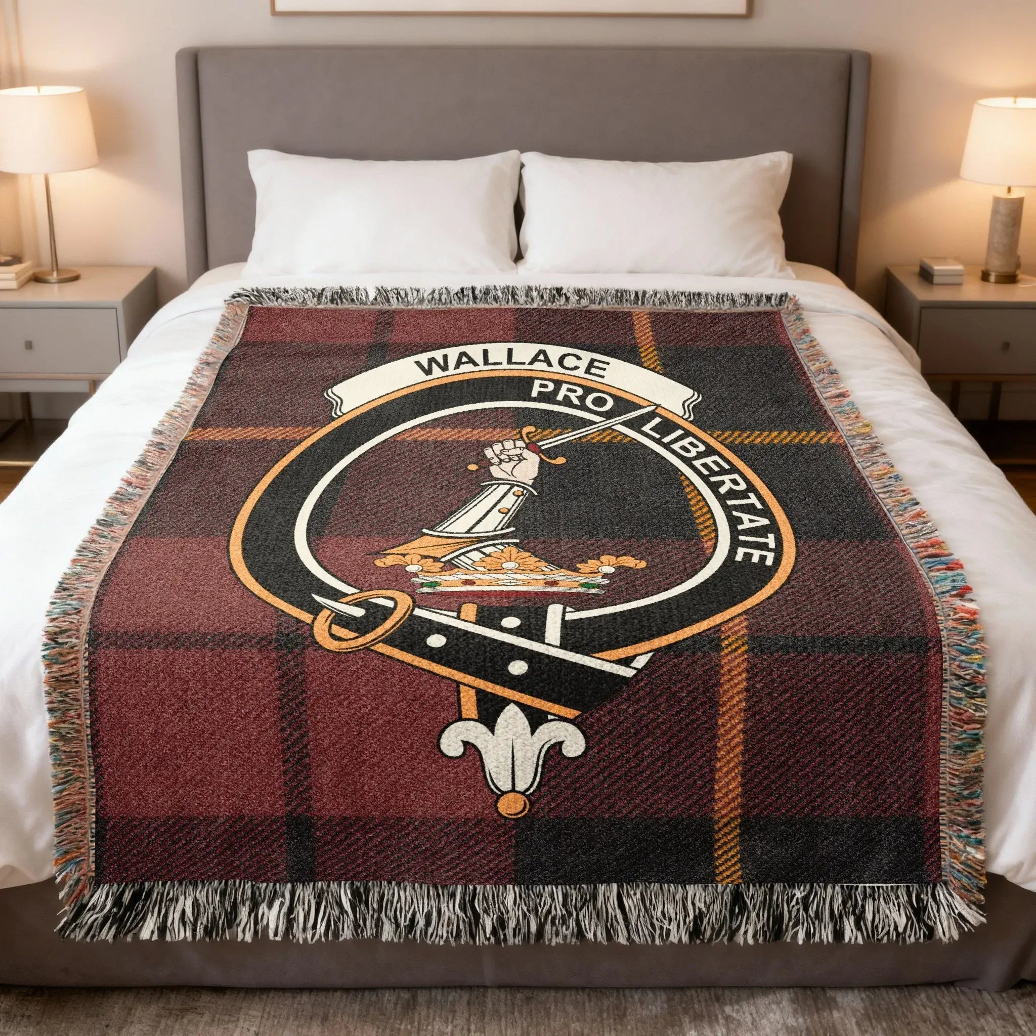 Wallace Clan Scottish Tartan Woven Heritage Blanket — celebrating the history, motto Pro Libertate, and Renfrewshire origins of Clan Wallace.