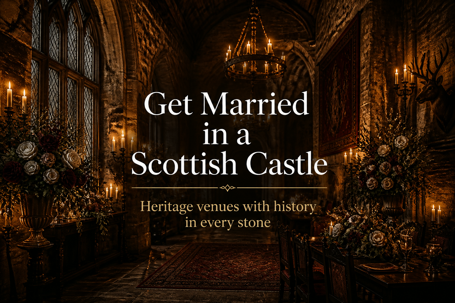 Candlelit Scottish castle great hall with stone vaulted arches ornate floral arrangements and chandelier — guide to Scottish castle wedding venues including Borthwick Castle Brodick Castle Rosslyn Castle and Inverlochy with history in every stone