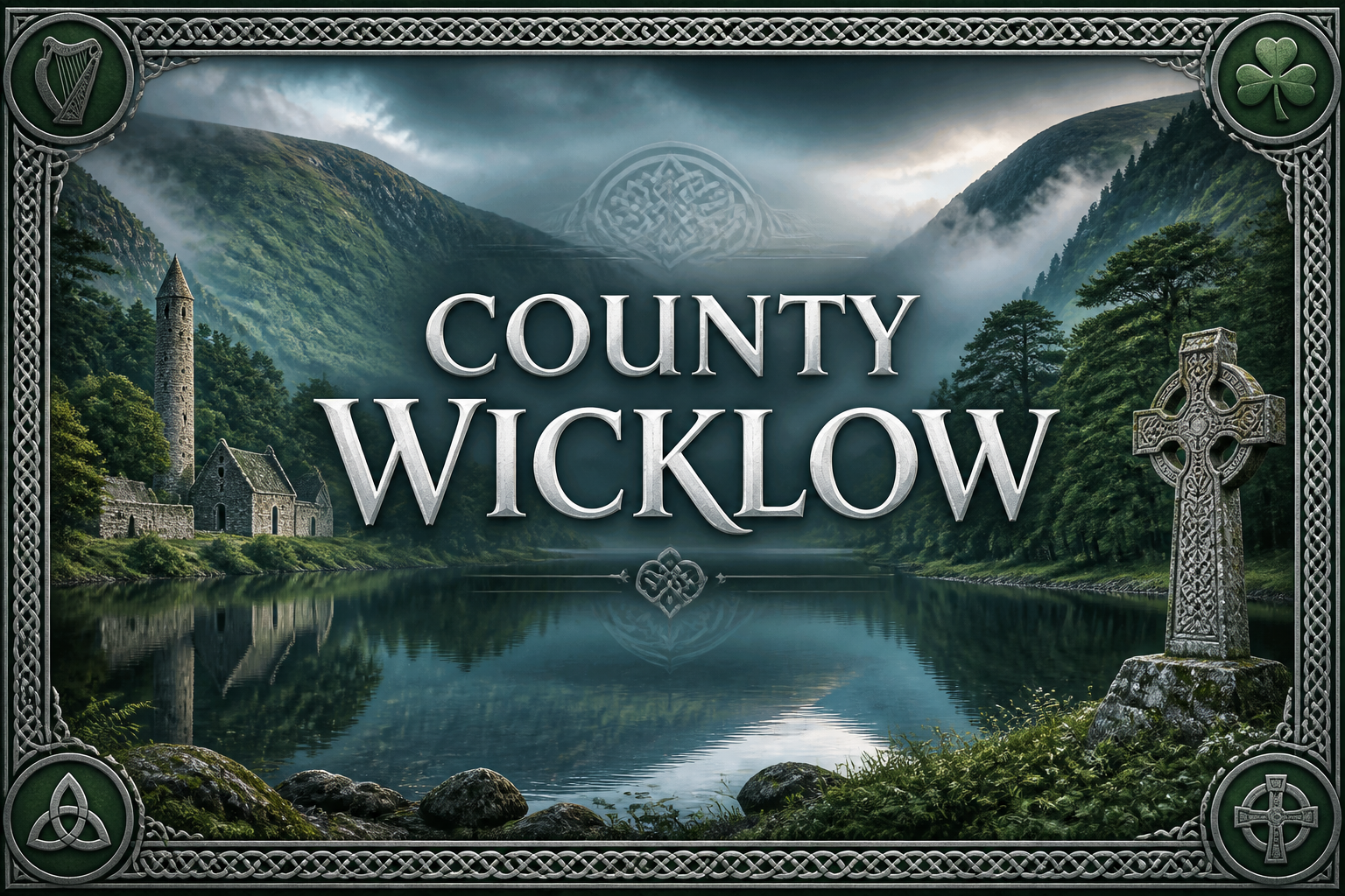 Glendalough round tower and monastic church reflected in a still mountain lake with Celtic cross and misty peaks, County Wicklow, Ireland — Celtic Ancestry Gifts