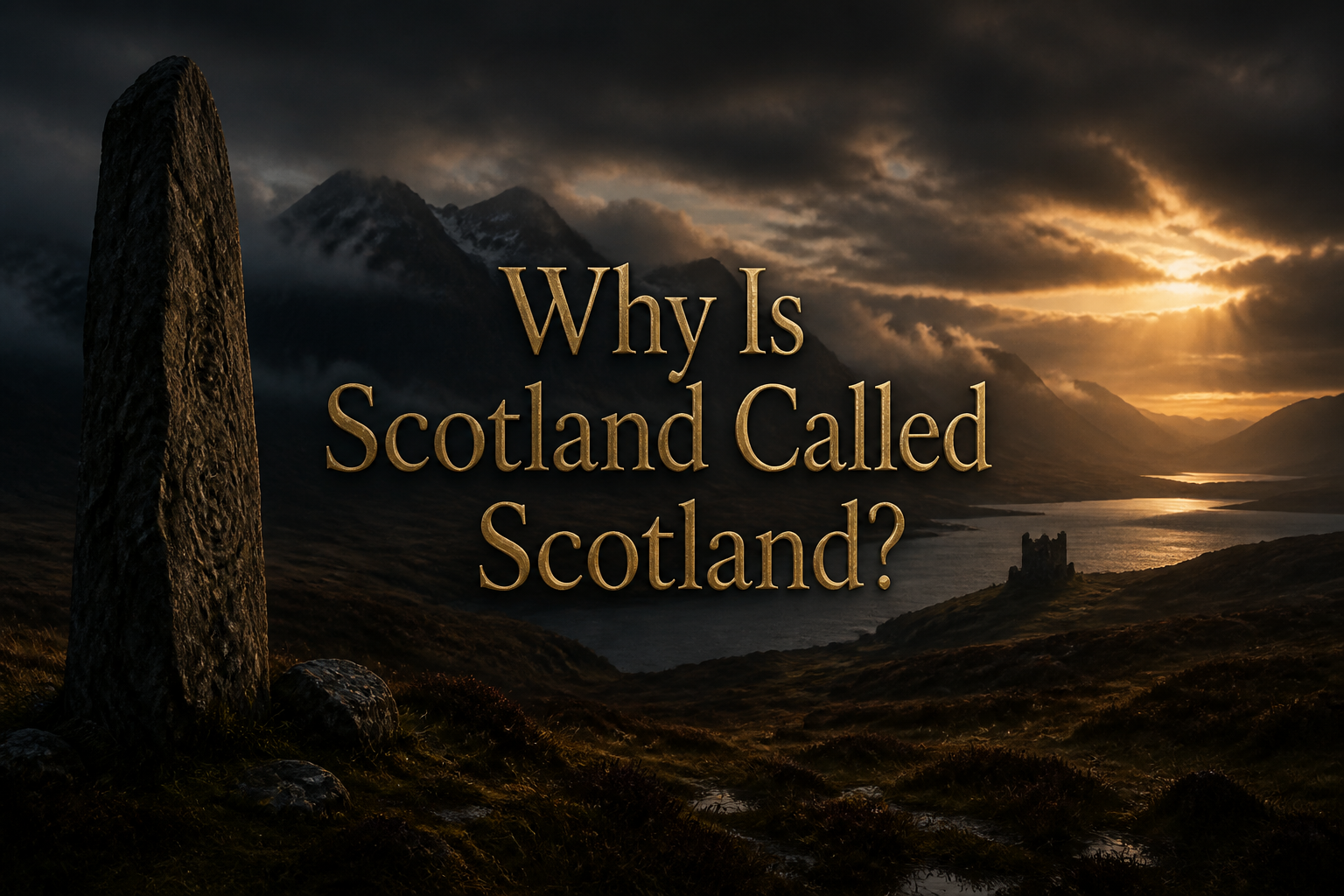 Ancient standing stone in a misty Highland glen at golden dusk with a distant castle ruin, on the origins of Scotland's name