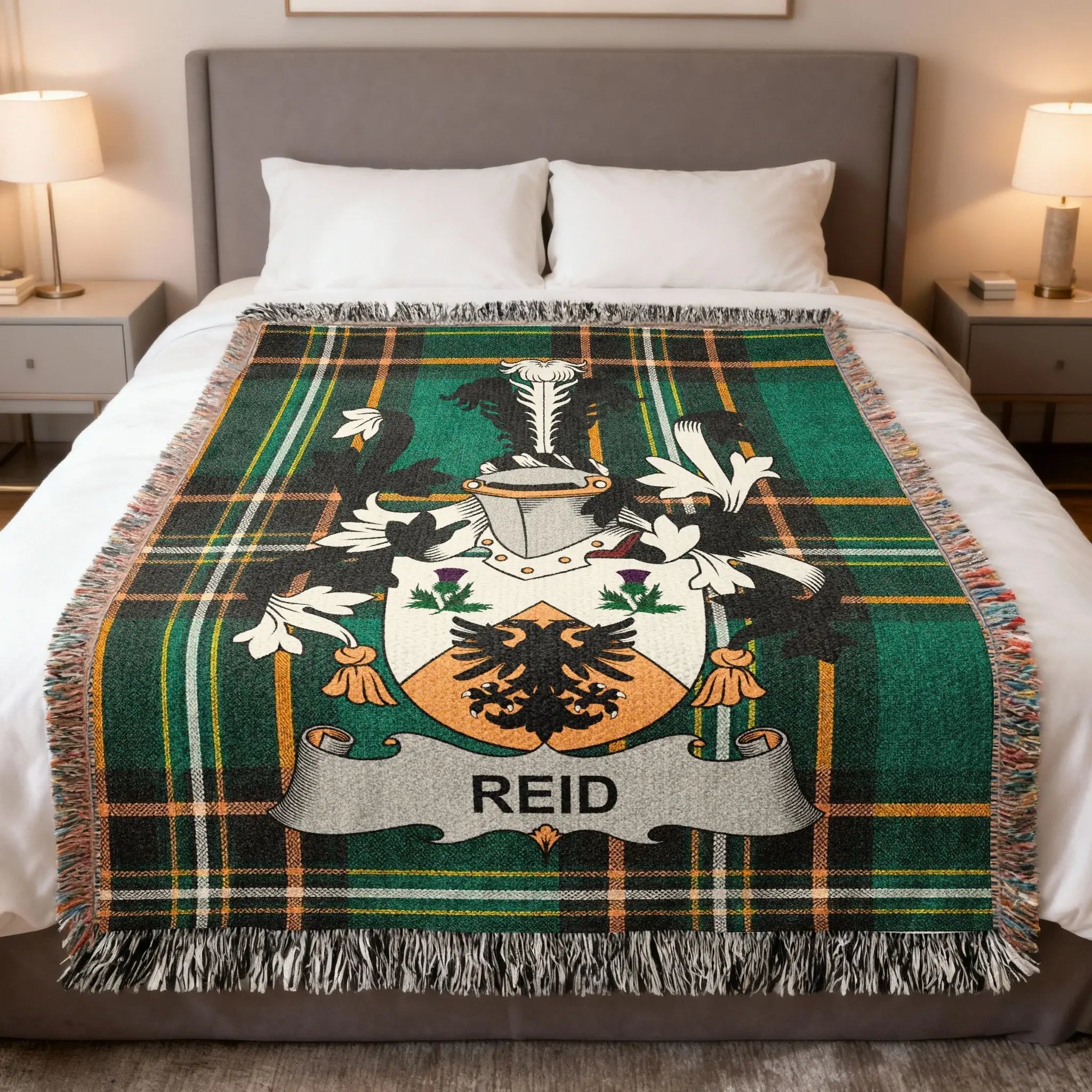 Reid Irish heritage woven blanket — celebrating the red-haired Scottish origins and Ulster heritage of the Reid family