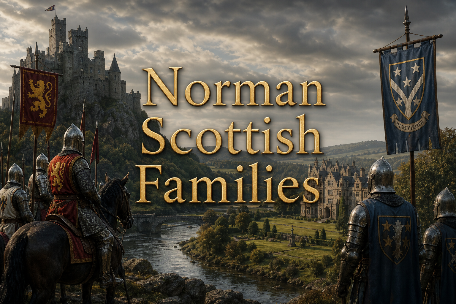 Norman-descended Scottish families shown with medieval castles, noble banners, knights, and Lowland Scottish estates
