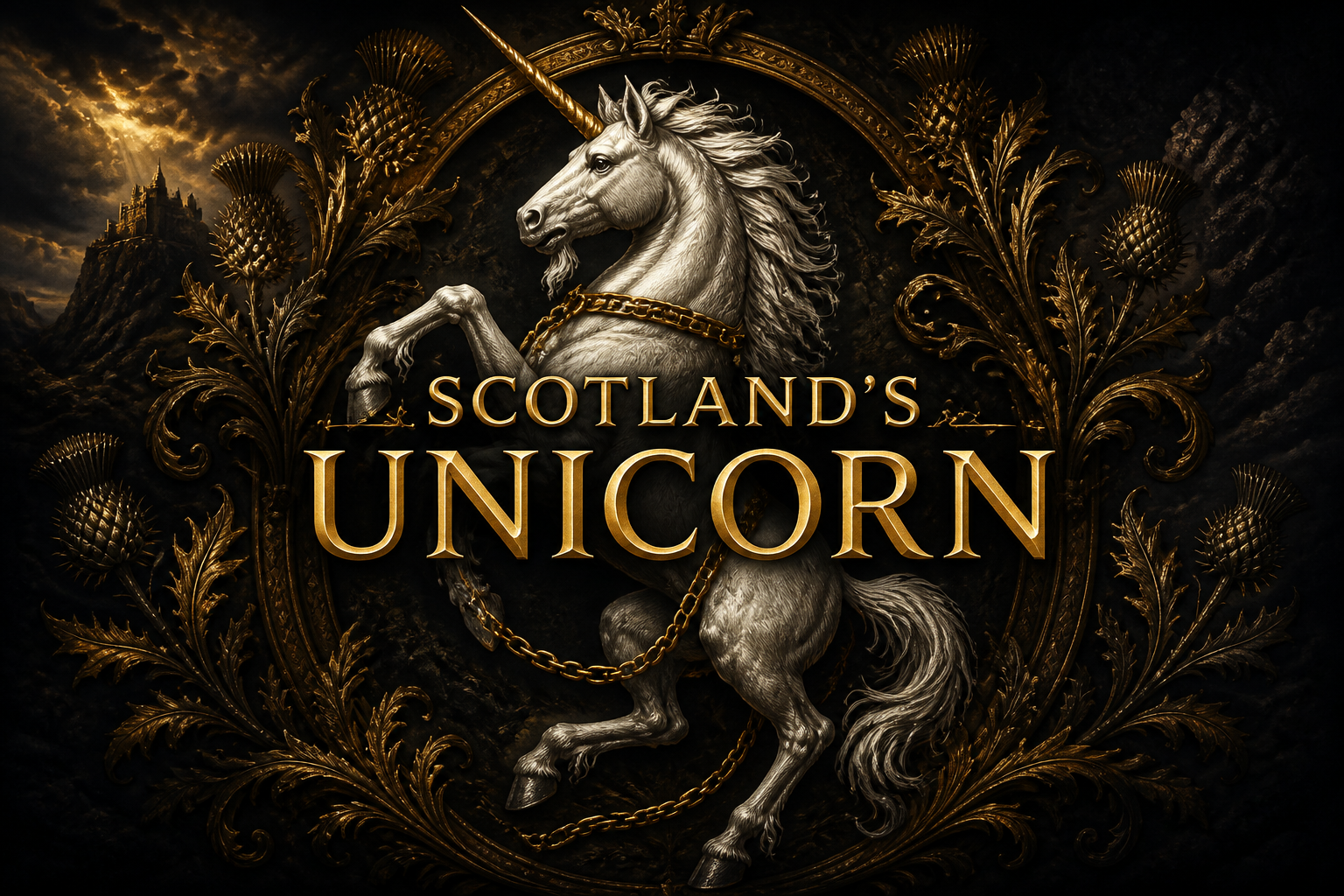 Scotland's unicorn — a rearing white heraldic unicorn bound in a gold chain, framed by golden thistles