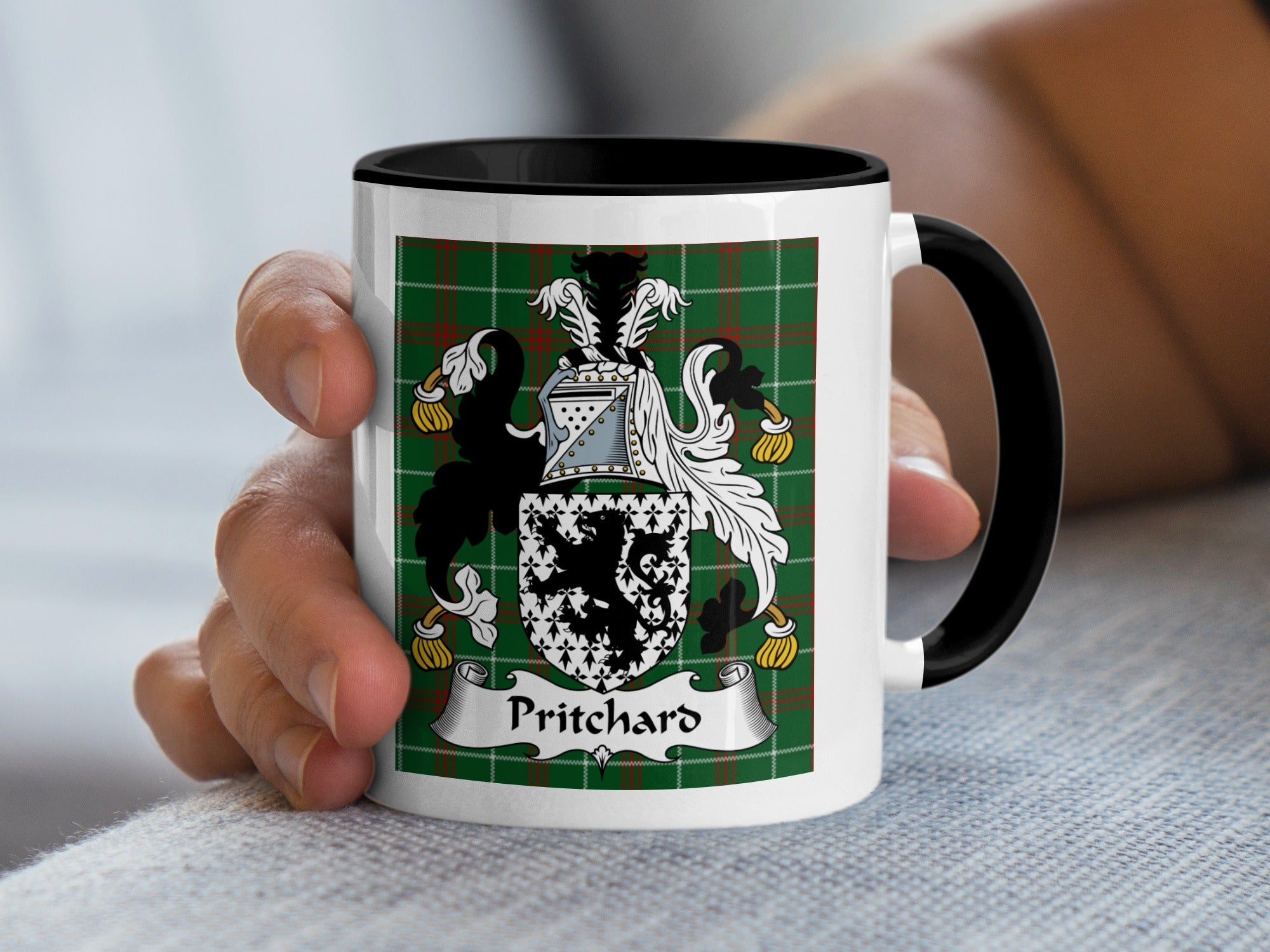 Pritchard Welsh Coat of Arms Accent Mug with black handle on Welsh National Tartan – family heritage gift