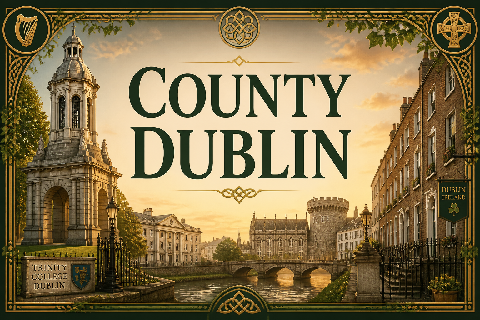 Trinity College Dublin campanile and Dublin Castle at golden sunset with cobblestone streets, County Dublin, Ireland — Celtic Ancestry Gifts