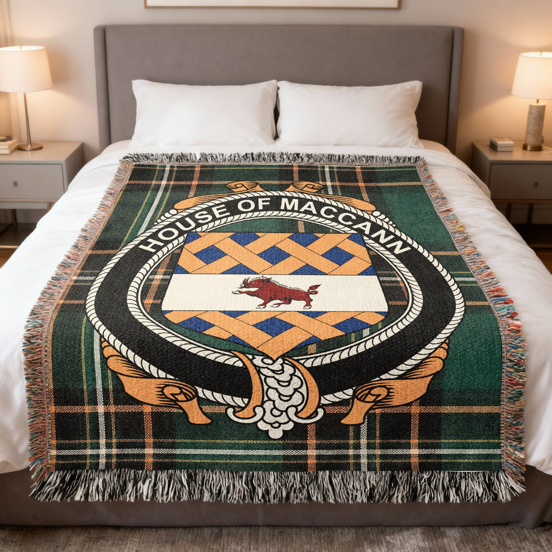 McCann family crest woven blanket on the Irish National Tartan