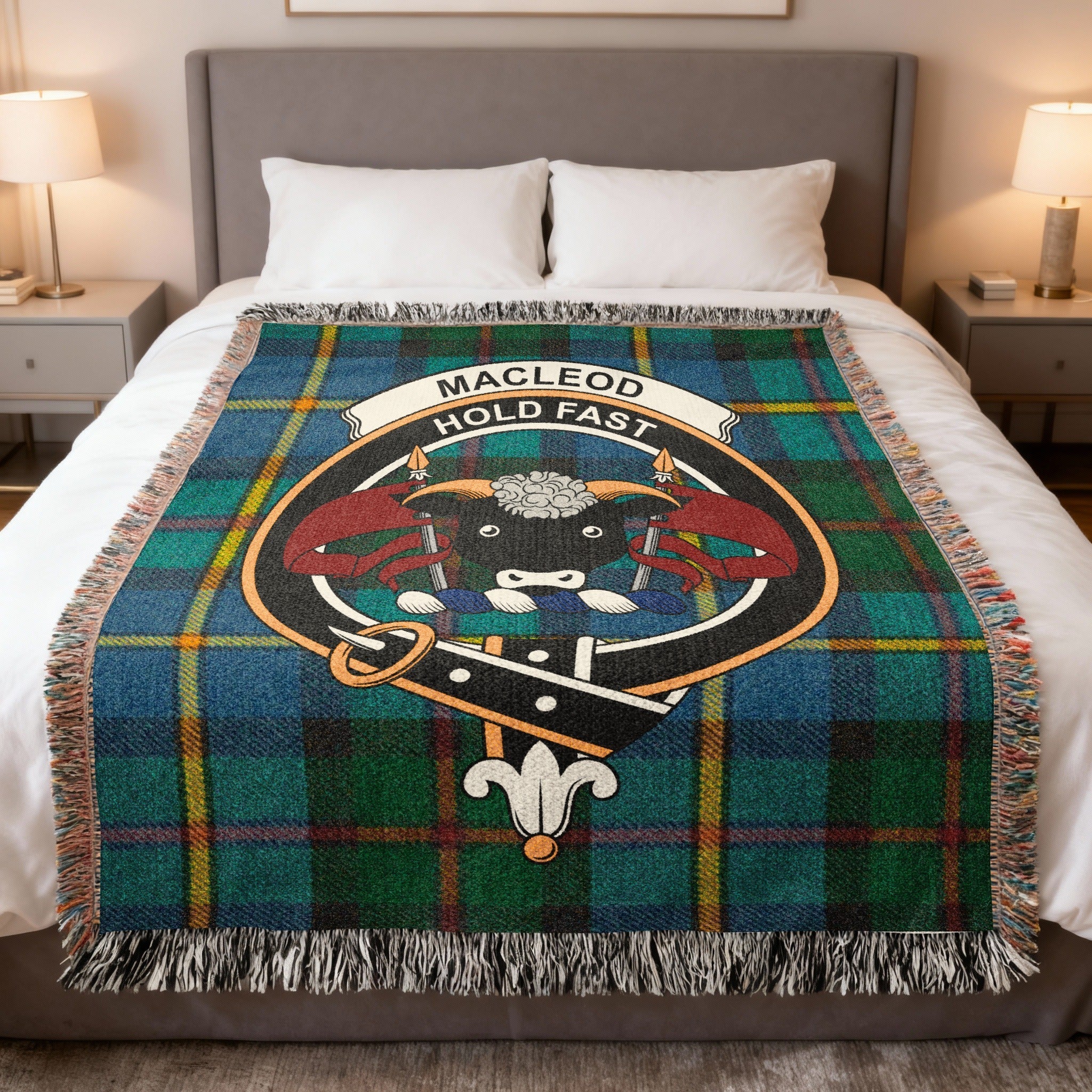 MacLeod Clan Scottish Tartan Woven Blanket — a gift celebrating the history, motto, and Isle of Skye heritage of Clan MacLeod of Dunvegan