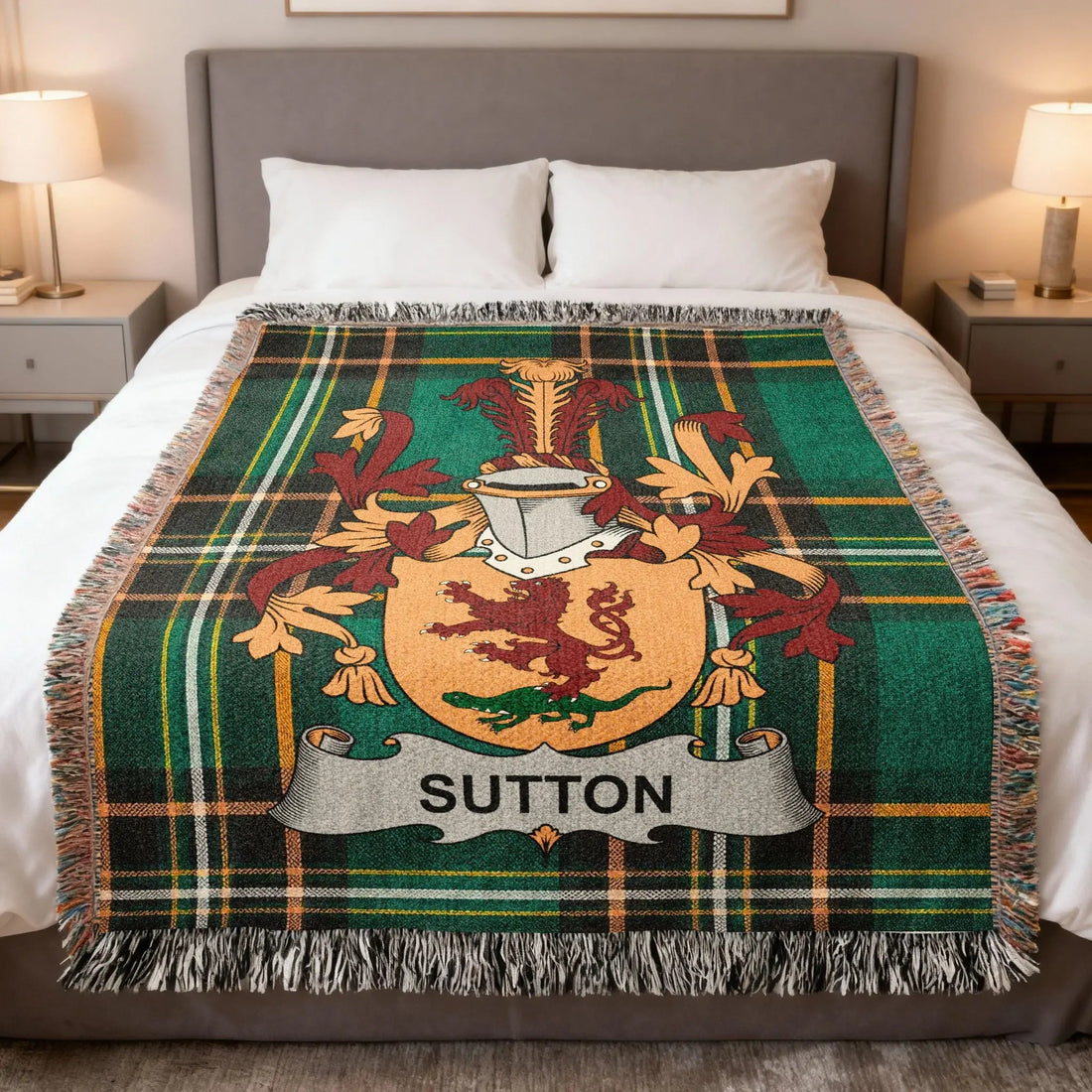 Sutton Irish Heritage Woven Blanket featuring the Sutton family crest on the Irish national tartan