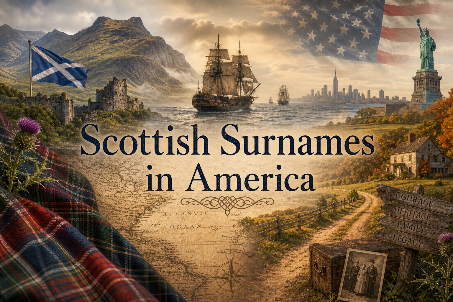 Scottish surnames in America and the diaspora shown with tartan maps, Atlantic ships, Highland landscapes, and migration history