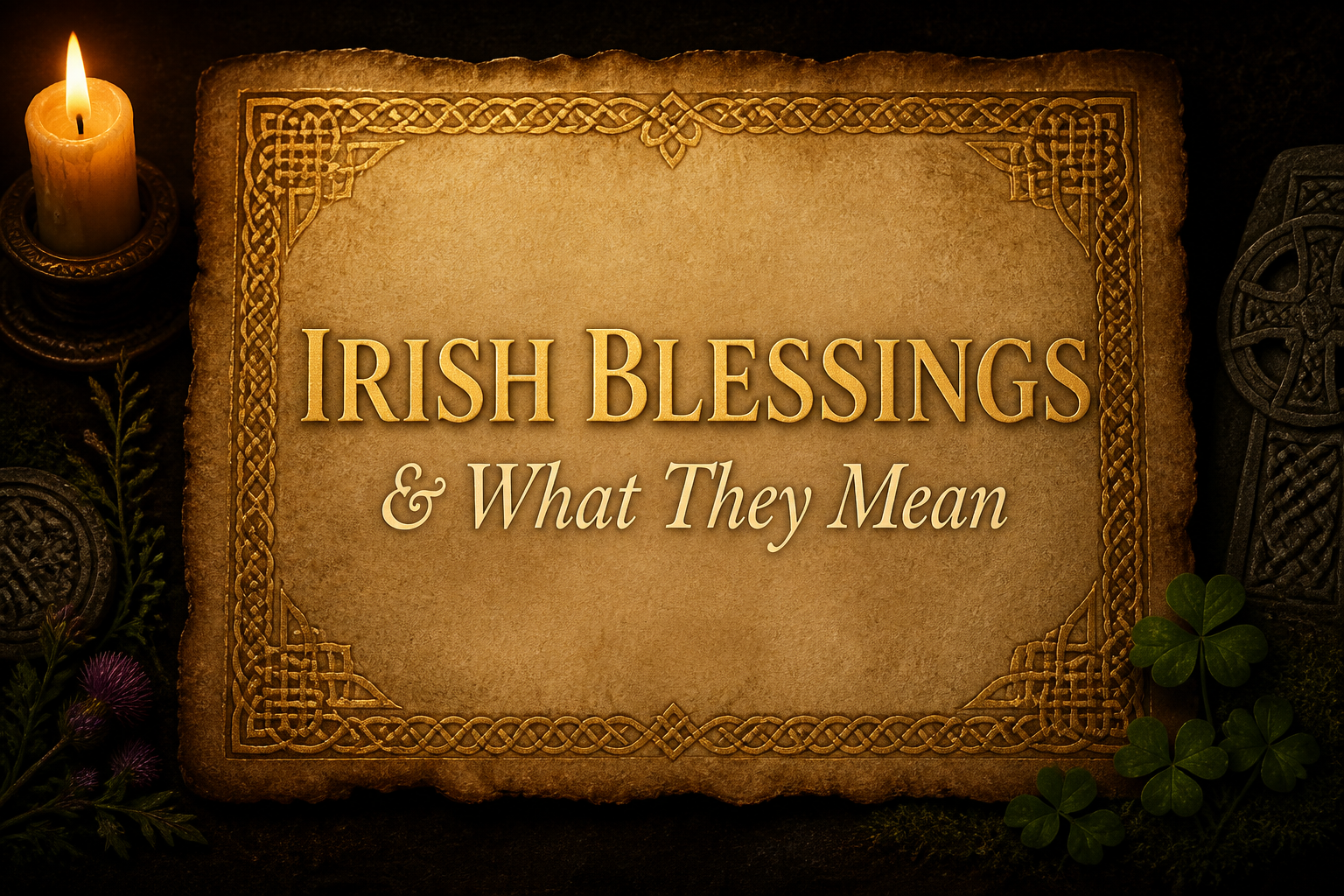 An aged parchment with gold Celtic knot border beside a candle, thistle and Celtic cross, for traditional Irish blessings