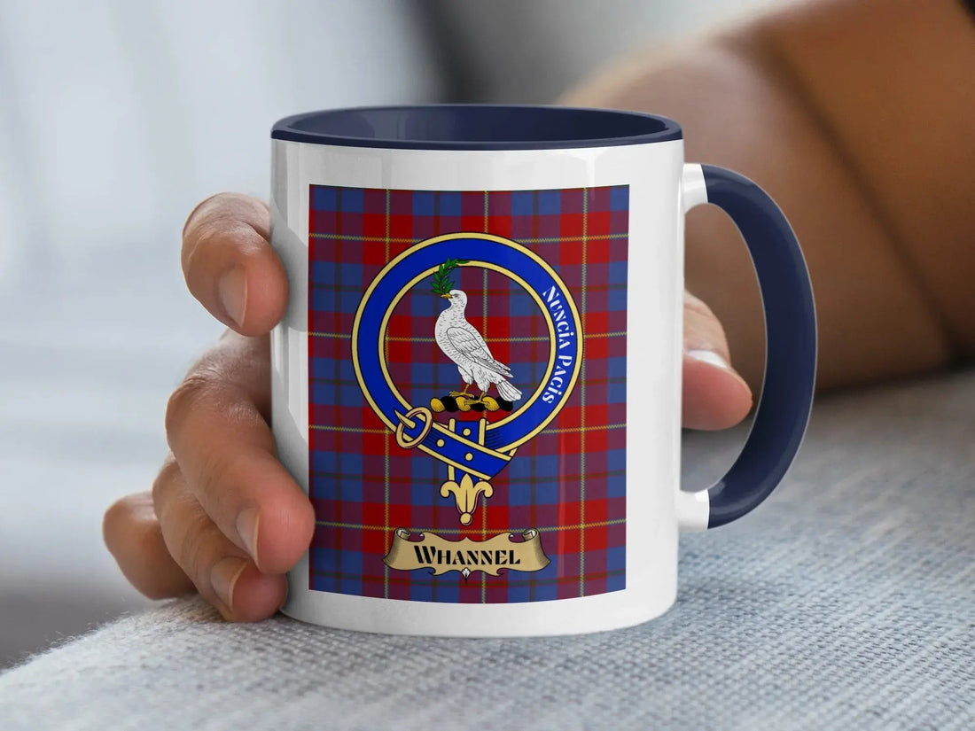 Whannel family crest mug on a tartan background, a heritage gift for a rare Scottish surname from Gaelic Mac Gille Chonghail