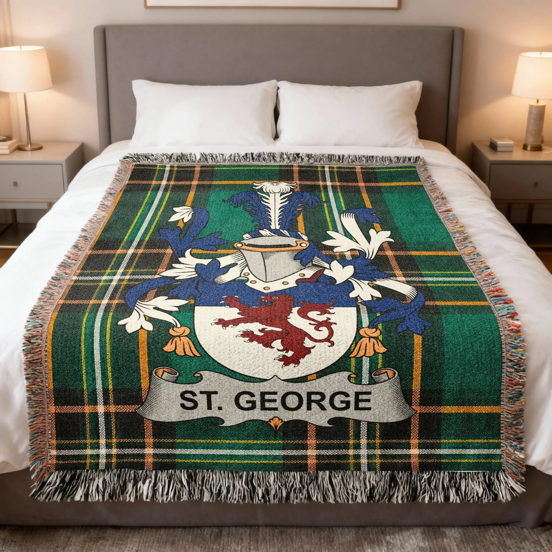 St. George Irish family crest woven blanket in the Irish national tartan