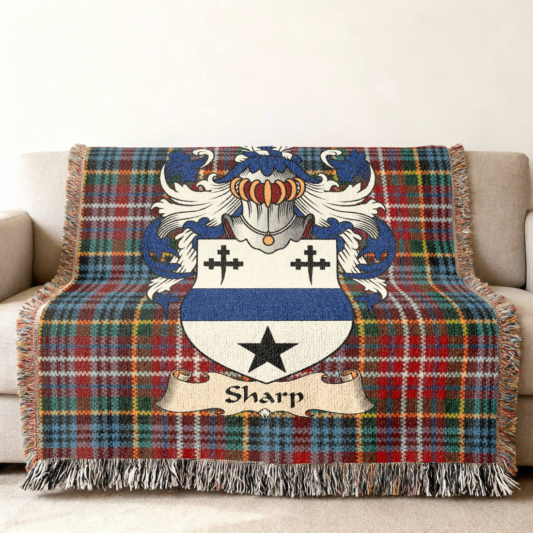 Sharp surname heritage design on a woven blanket