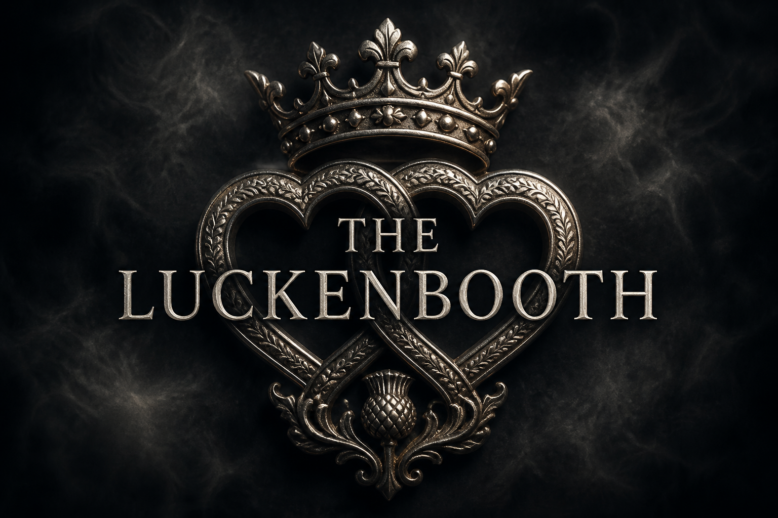 A silver Luckenbooth brooch of two entwined hearts topped with a crown above a thistle, on dark smoke