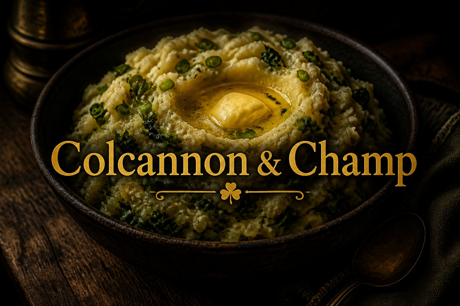 Rustic bowl of buttery mash flecked with kale and scallion, golden butter melting in the centre, Irish colcannon and champ