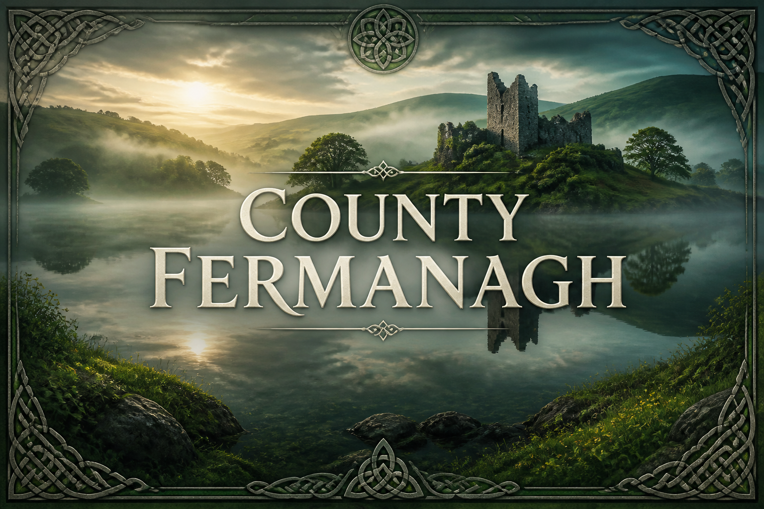 Castle ruins on a misty island reflected in the still waters of Lough Erne at dawn, County Fermanagh, Ireland — Celtic Ancestry Gifts