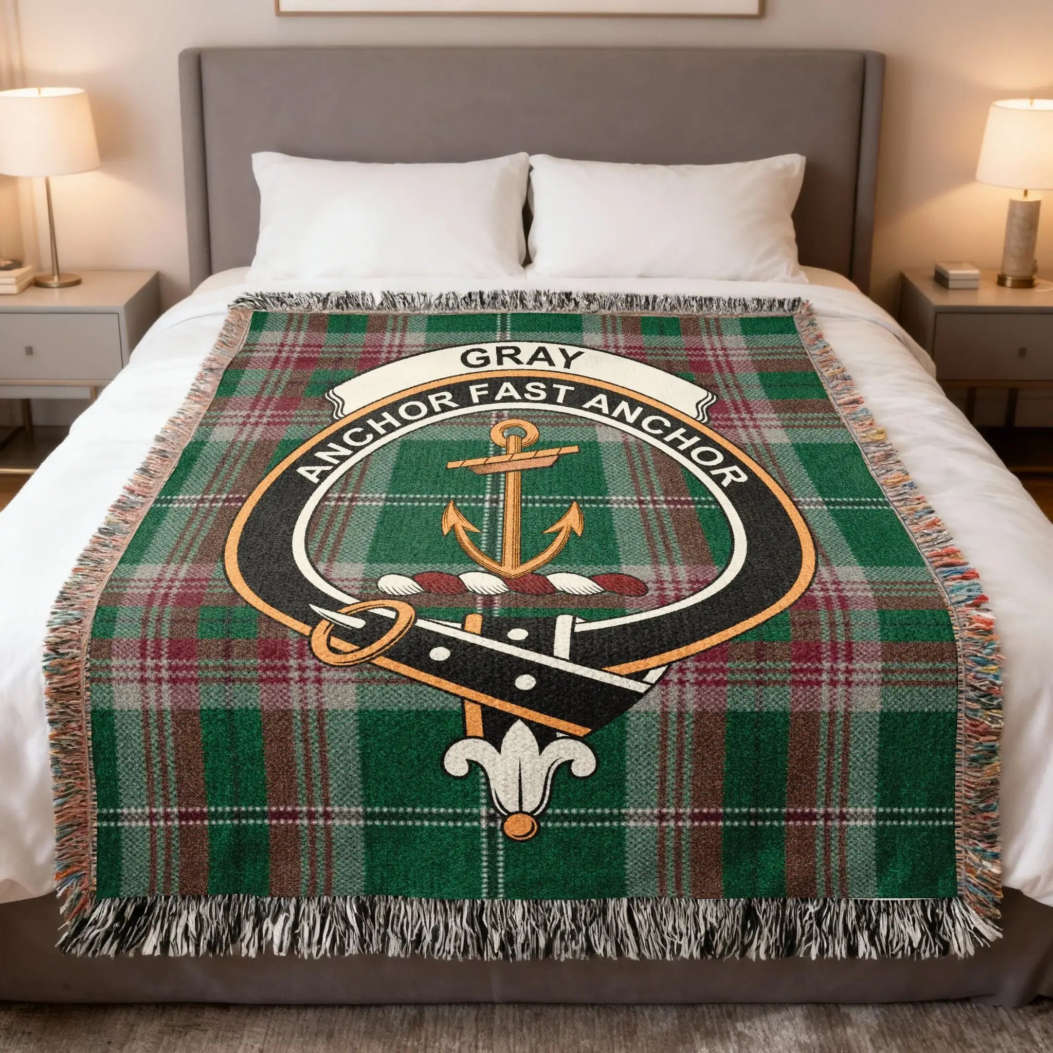 Gray clan Scottish tartan woven blanket representing Angus heritage and the motto Anchor Fast Anchor