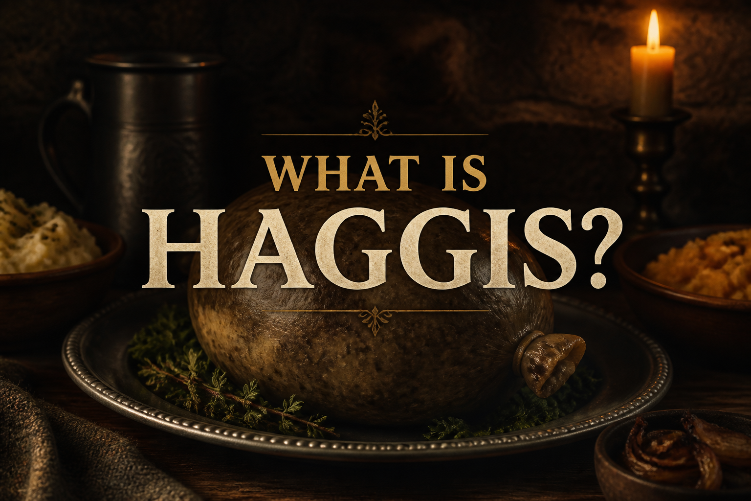 A traditional haggis on a pewter platter with herbs by candlelight, with bowls of neeps and tatties beside it