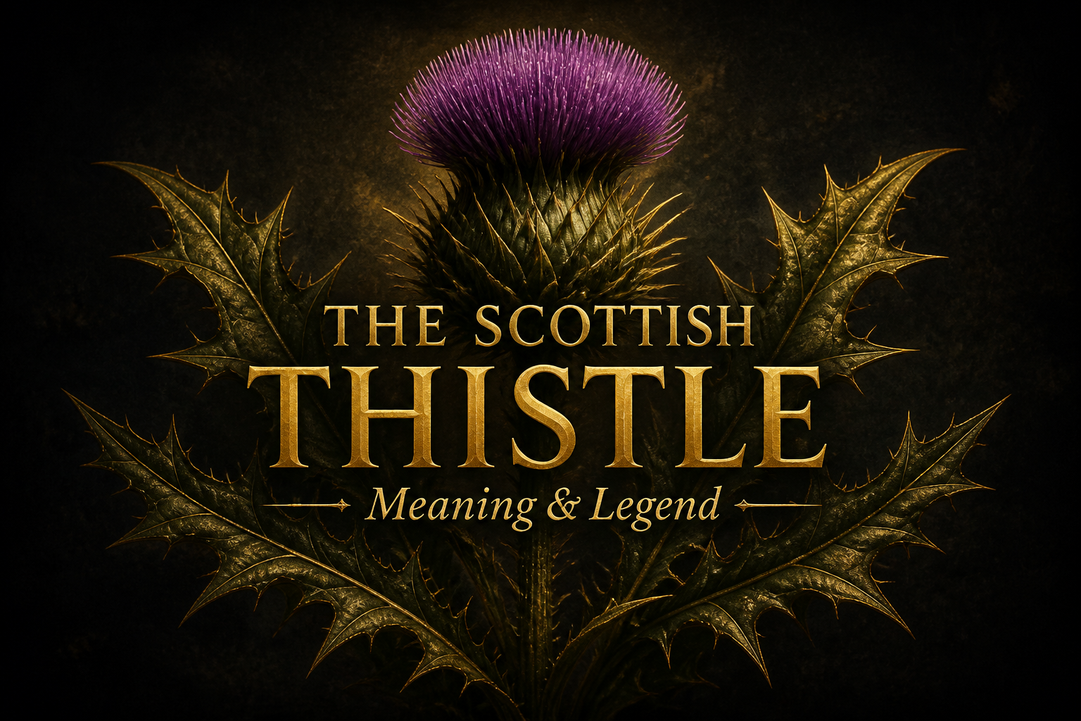 The Scottish thistle in bloom, purple flower and green spiny leaves, on a dark gold heritage background