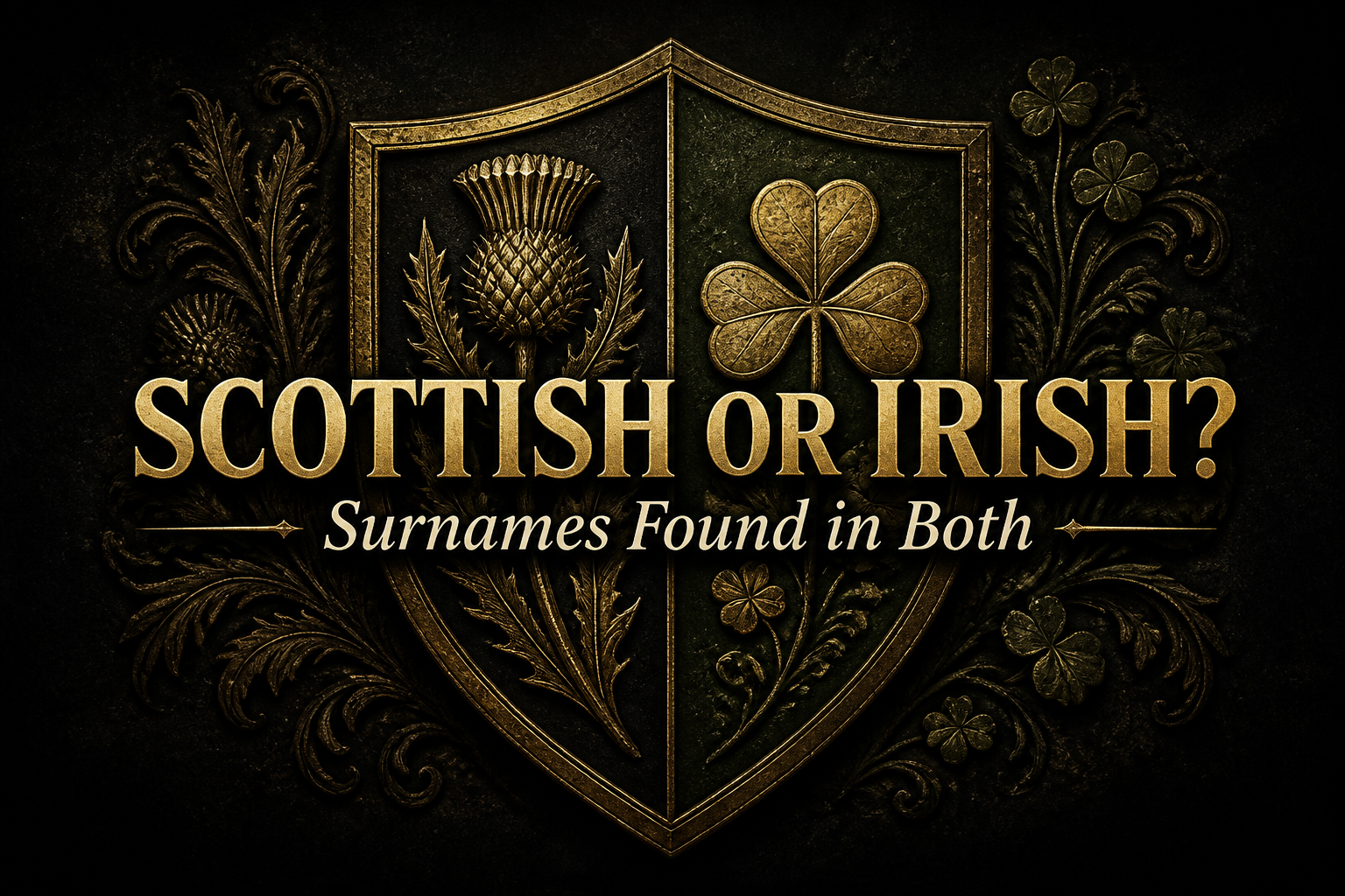 A heraldic shield split between a golden thistle and a golden shamrock, for surnames found in both Scotland and Ireland