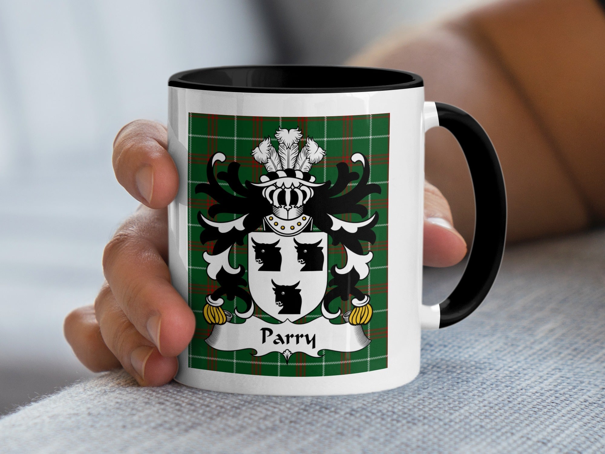Parry Welsh Coat of Arms Accent Mug with black handle on Welsh National Tartan background – family heritage gift