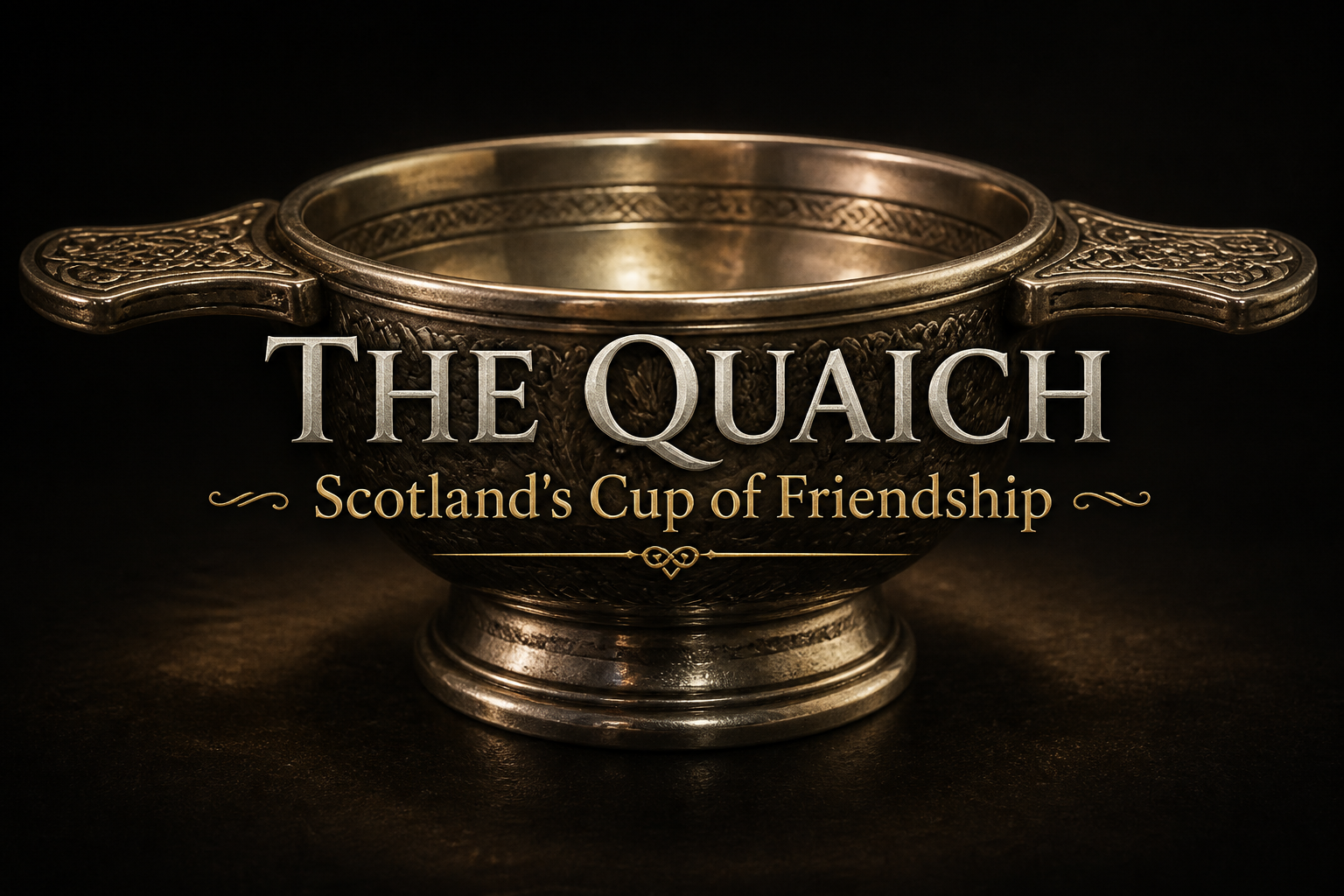 An ornate two-handled silver Scottish quaich, the cup of friendship, on a dark background
