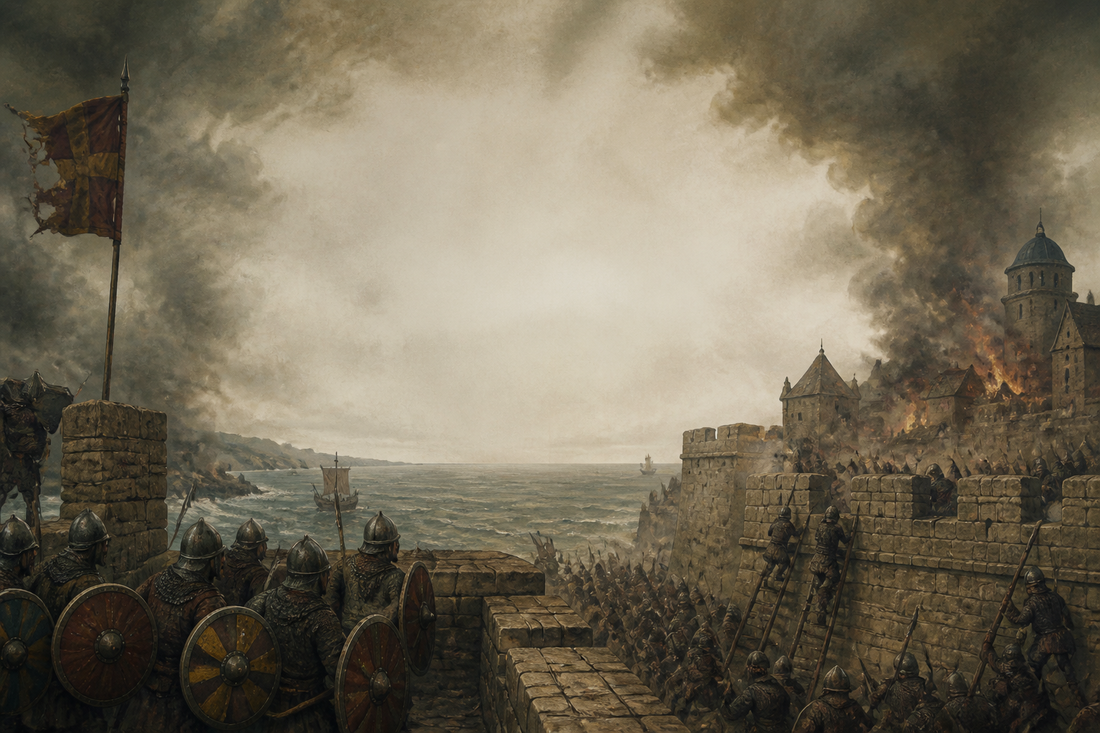 A burning medieval town, depicting the Sack of Berwick by Edward I in 1296.