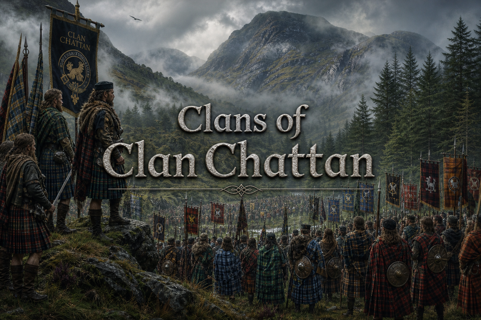 Clan Chattan confederation heritage image with Highland warriors, tartans, pine forests, mountains, and connected clans