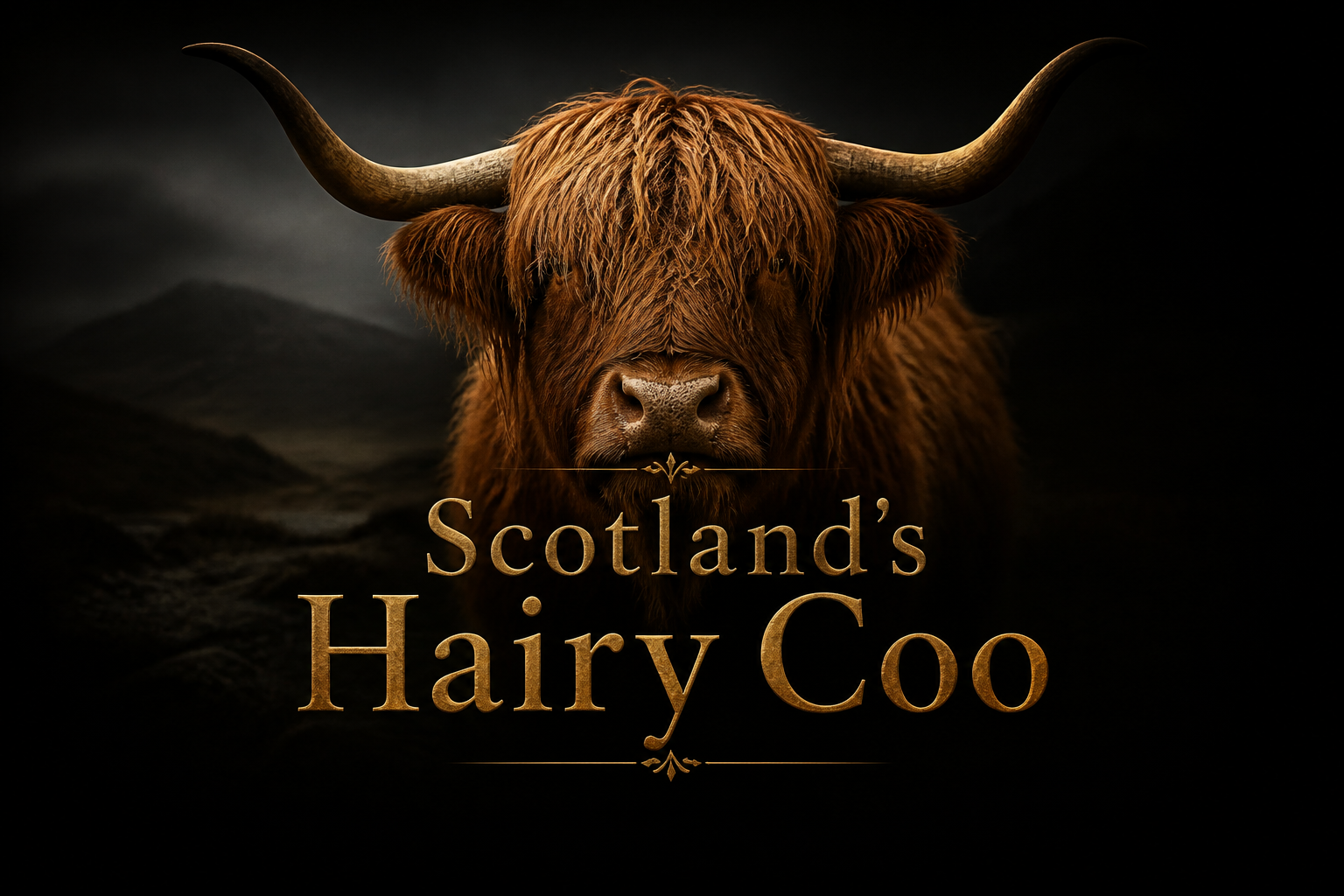 Close-up portrait of a shaggy red Highland cow with long horns and heavy fringe against dark misty moorland, Scotland's hairy coo