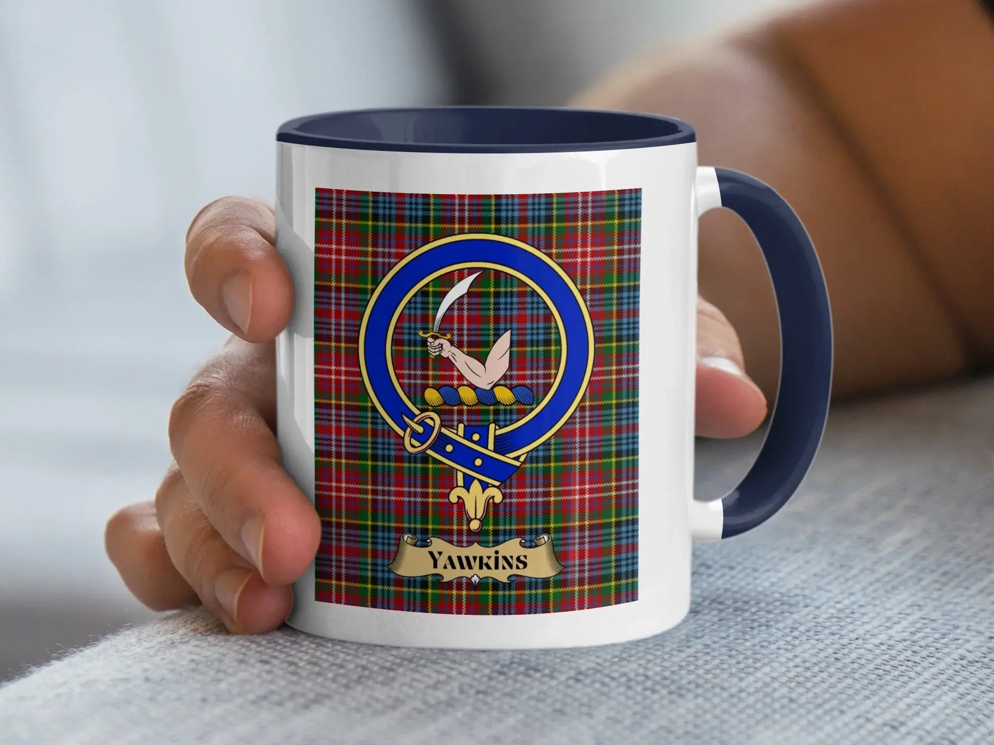 Yawkins family crest mug on a woven tartan background, a keepsake for a name tied to the Galloway smuggling coast