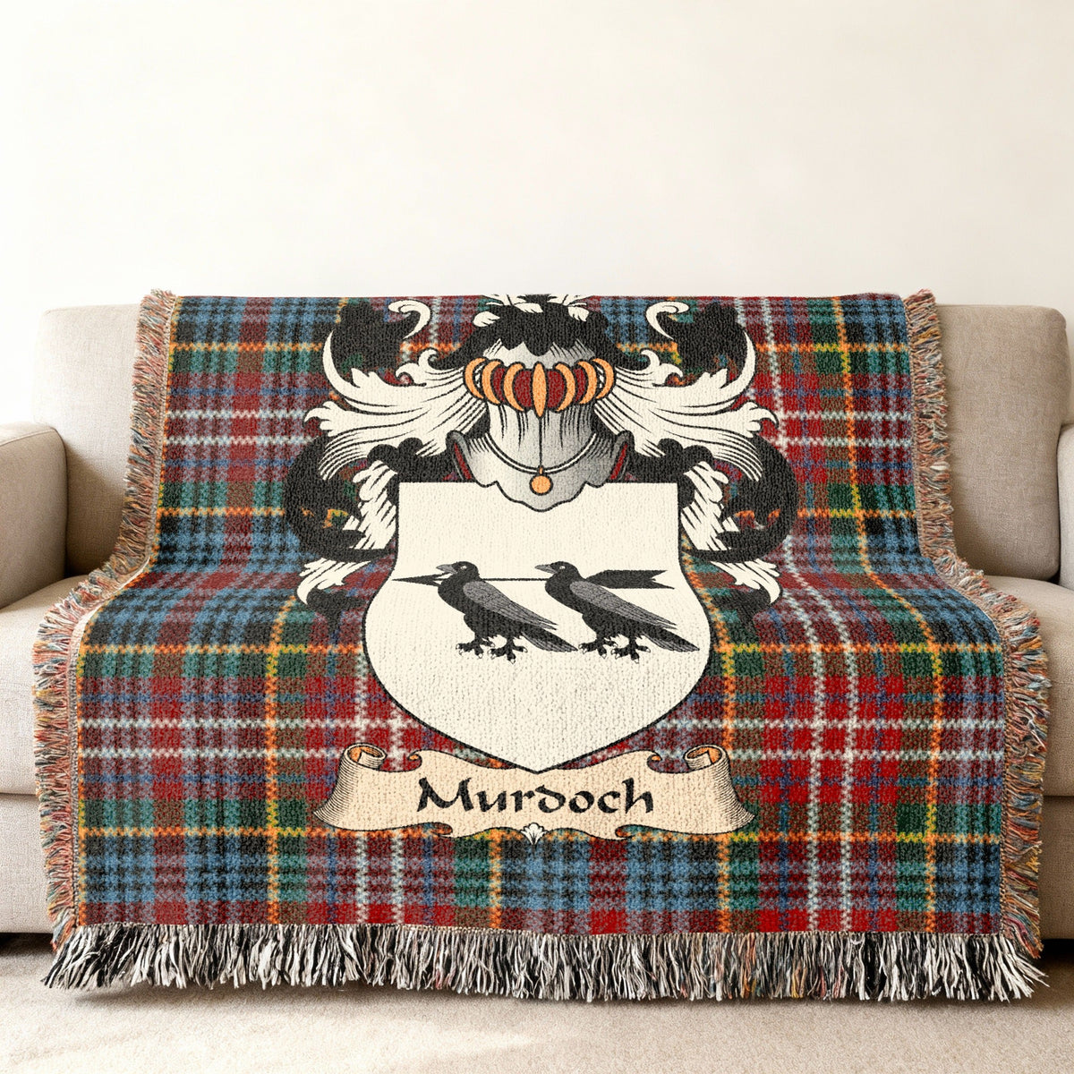 Murdoch Scottish family shield artwork on a woven blanket with Caledonia tartan-inspired background