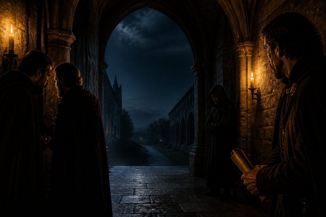 A shadowy torchlit stone passage, evoking the assassination of King James I at Perth in 1437.