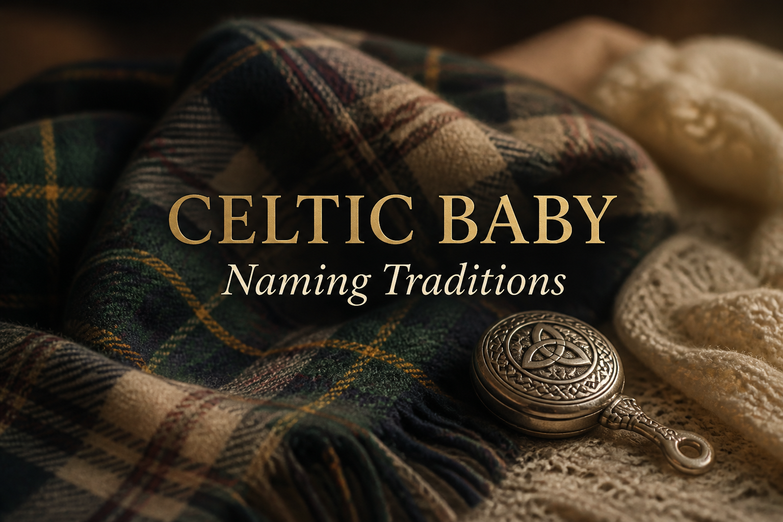 A folded green tartan baby blanket beside a knitted shawl and a silver Celtic knot keepsake rattle, for Celtic baby naming traditions