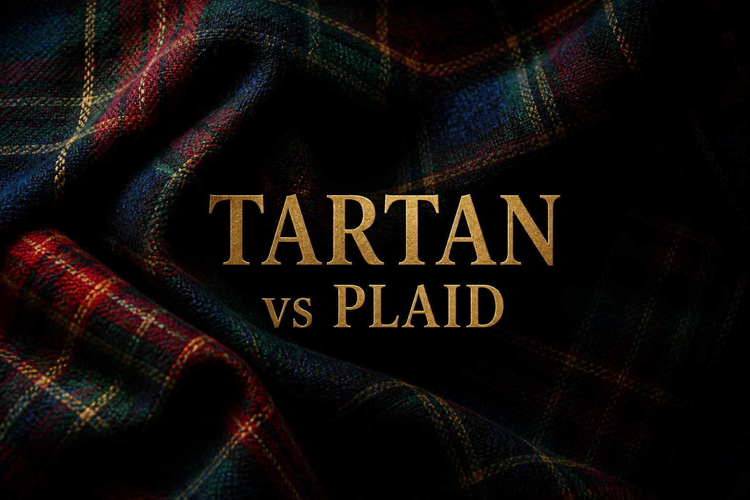 Rich folds of dark tartan cloth in red, green and navy with gold thread, showing what makes a true tartan different from plaid