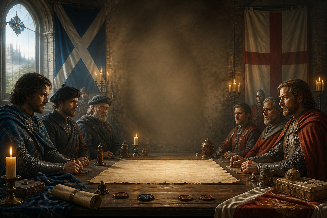 Scottish and English envoys at a treaty table, the Treaty of Edinburgh-Northampton of 1328.