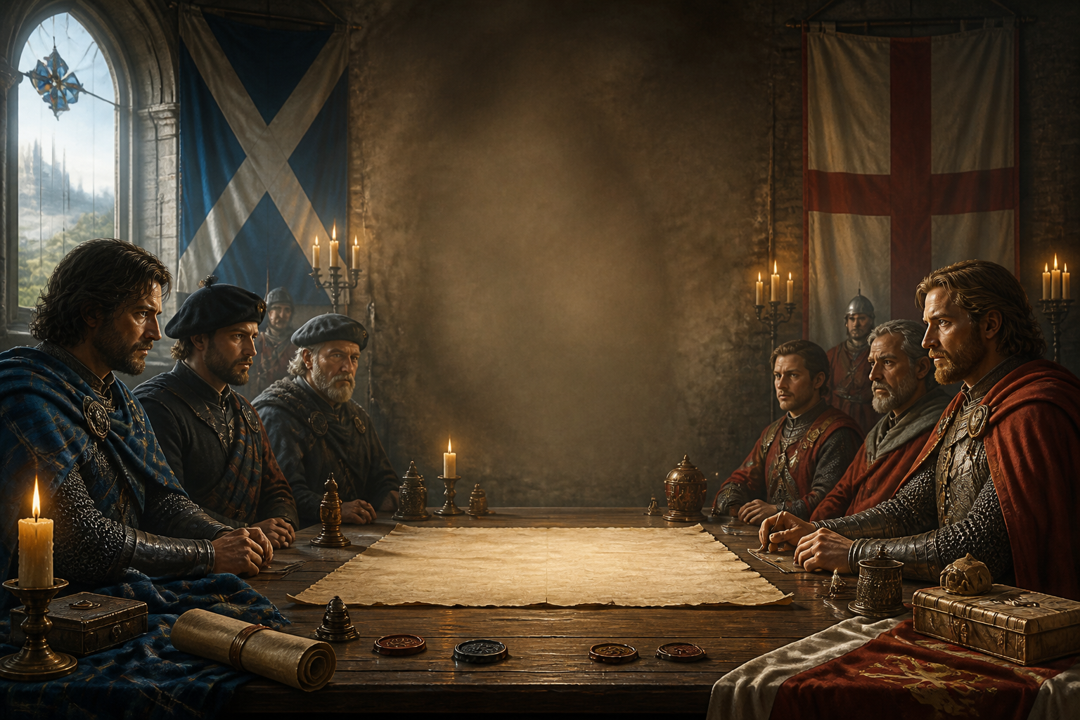 Scottish and English envoys at a treaty table, the Treaty of Edinburgh-Northampton of 1328.