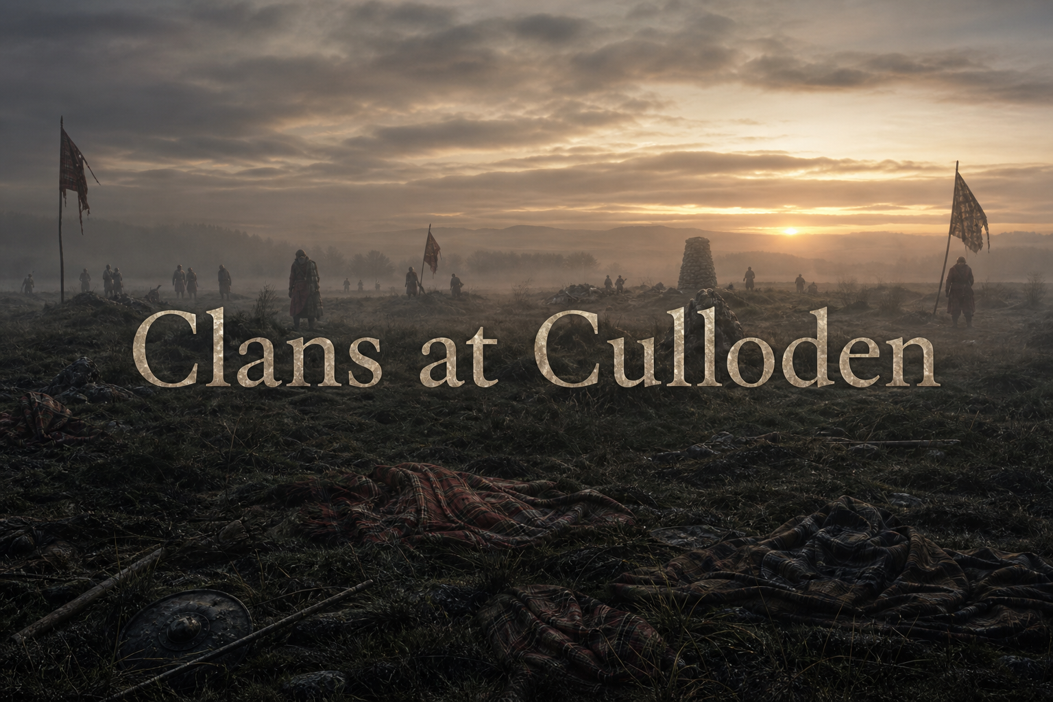 Scottish clans at Culloden represented by misty battlefield, scattered tartans, solemn Highland atmosphere, and Jacobite history