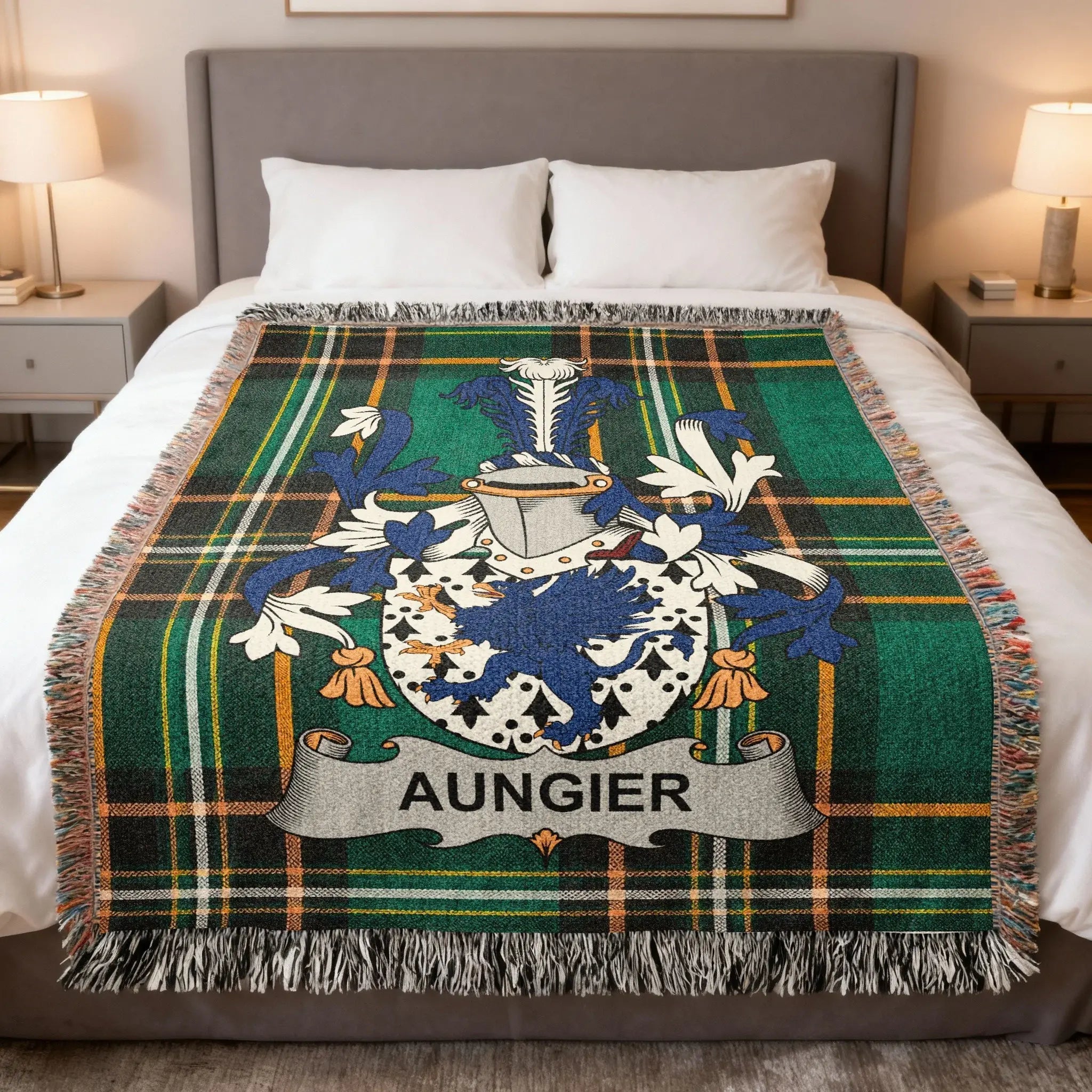 Aungier family woven blanket with a family crest on Irish tartan, celebrating Aungier Dublin heritage