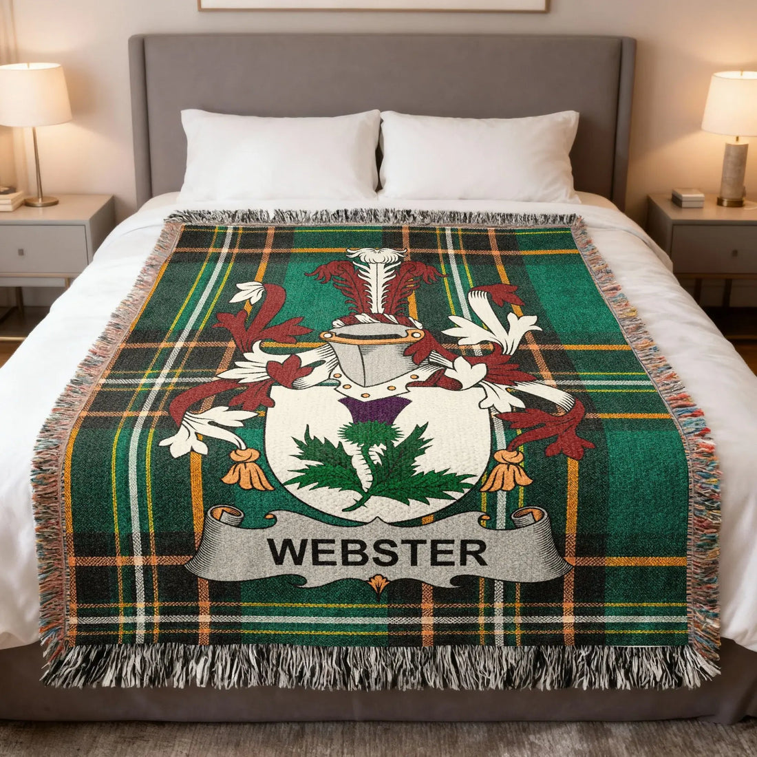 Webster Irish family crest woven blanket, styled for a heritage gift feature