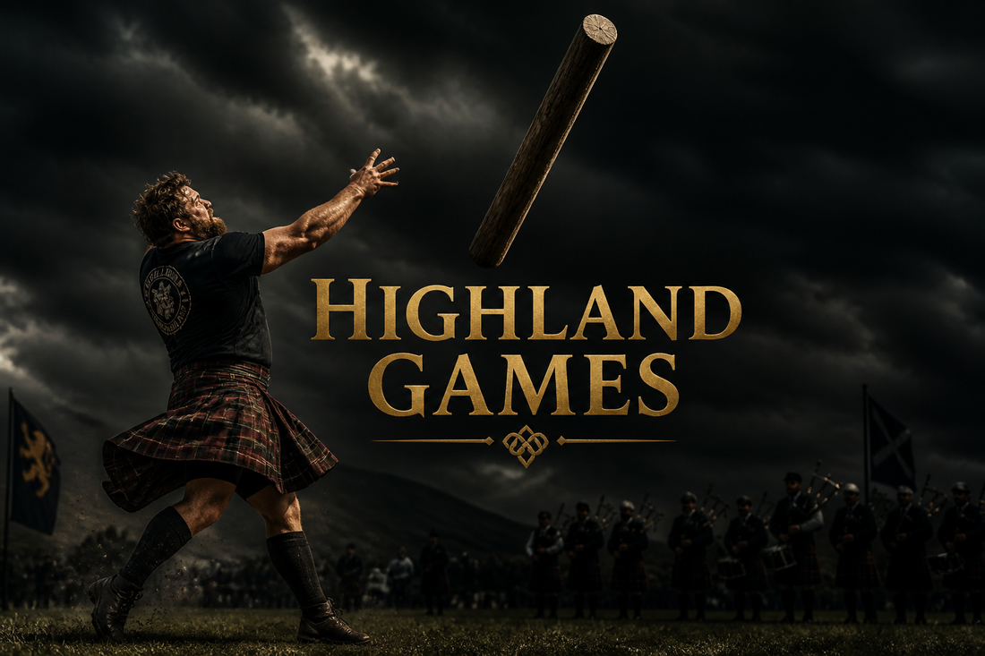 Kilted athlete mid-toss with a caber against a stormy sky, blurred pipe band behind, dramatic scene of the Scottish Highland games