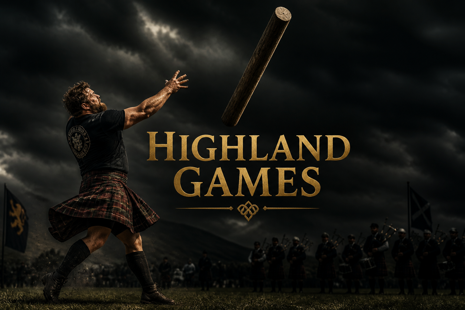 Kilted athlete mid-toss with a caber against a stormy sky, blurred pipe band behind, dramatic scene of the Scottish Highland games