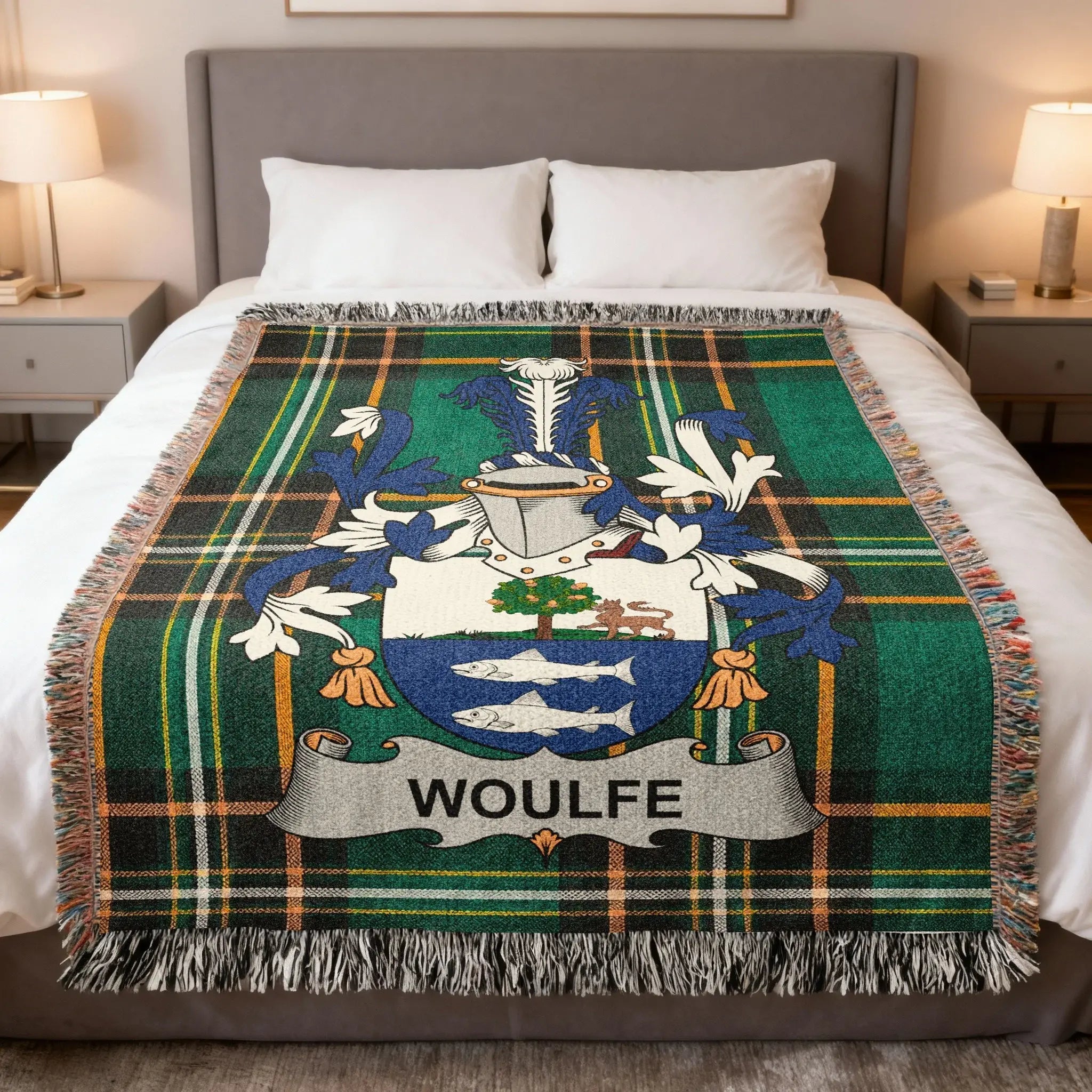 Woulfe family woven blanket with a family crest on Irish tartan, celebrating Woulfe Limerick Hiberno-Norman heritage