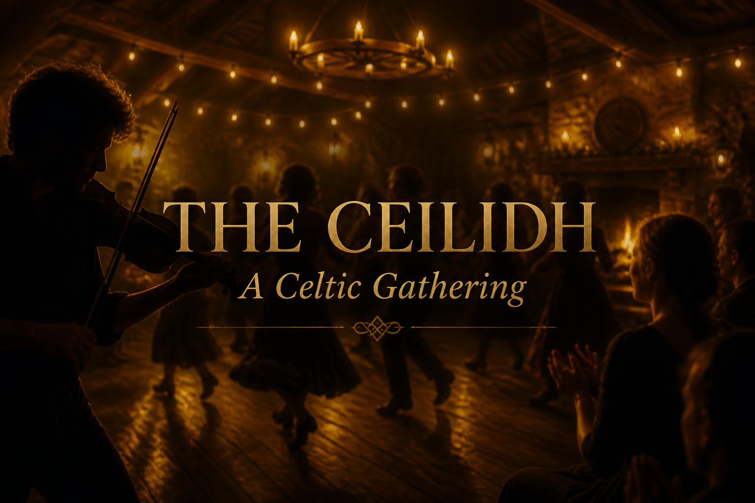A fiddler plays as dancers whirl in a candlelit hall with a glowing hearth, the joy of a traditional ceilidh