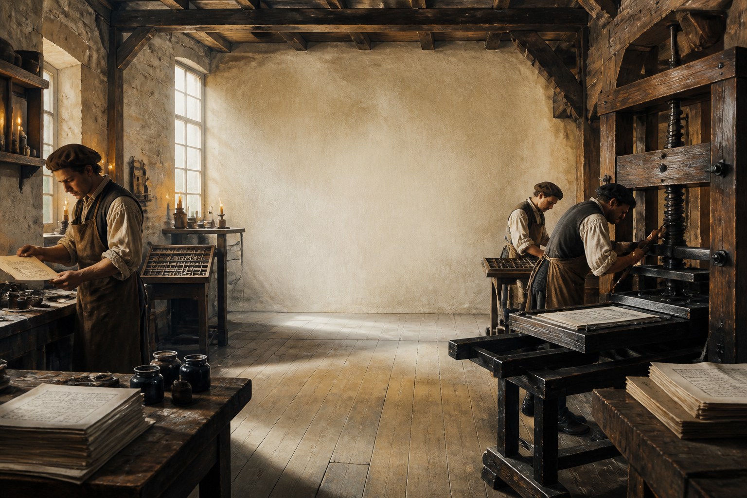 An early sixteenth-century printing workshop, representing Scotland's first printing press in 1508.